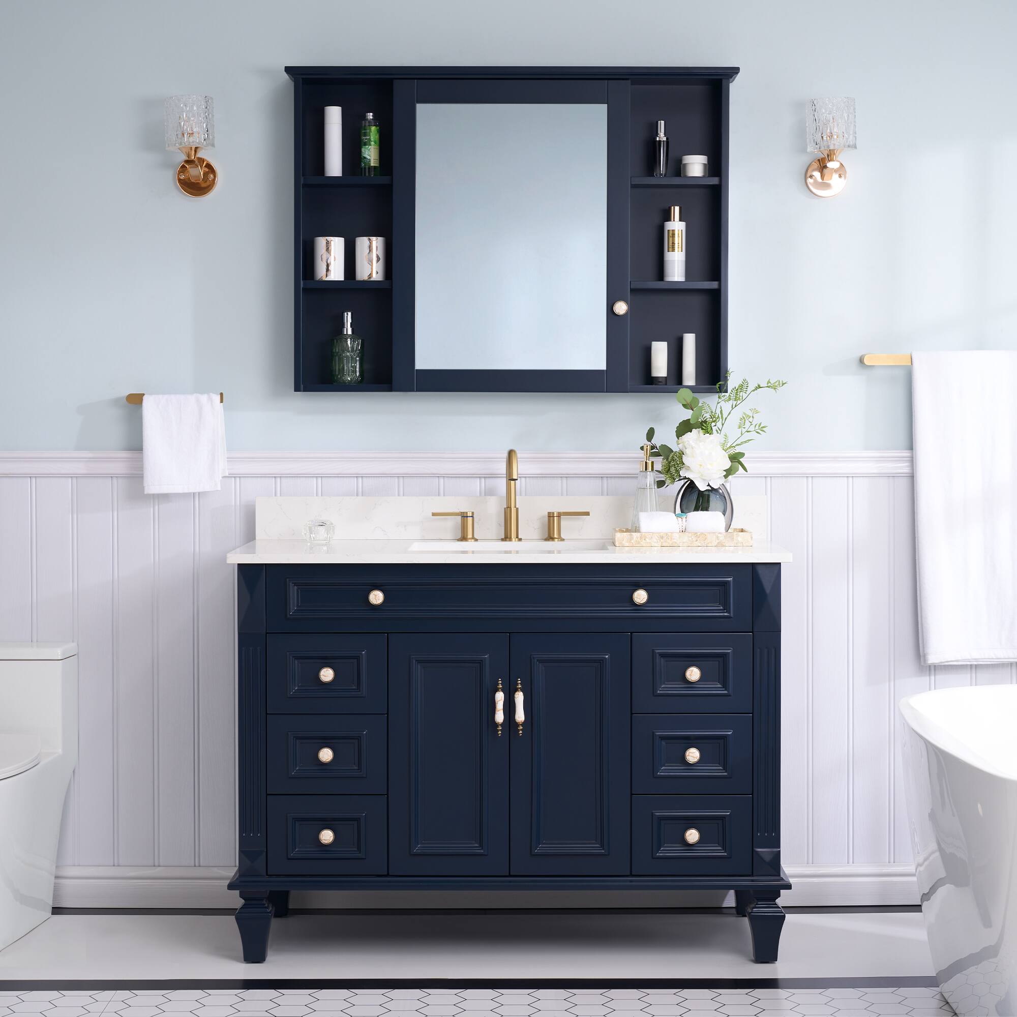 Alt View 7. WELLFOR - 42 in. W x 30 in. H Rectangular Solid Wood Frame Surface Mount Medicine Cabinet with Mirror and Soft Close Door - Navy Blue.