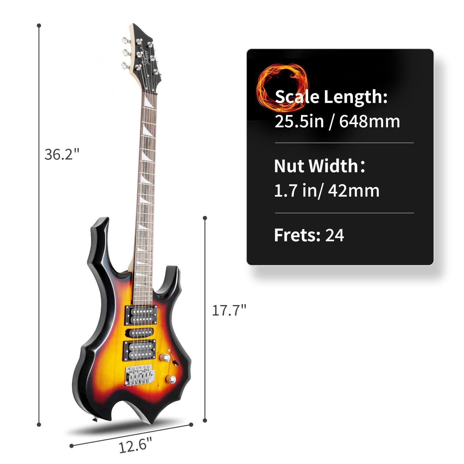 Scale Length: 25.5in / 648mm  
Nut Width: 1.7 in / 42mm  
Frets: 24  

36.2"  
17.7"  
12.6"
