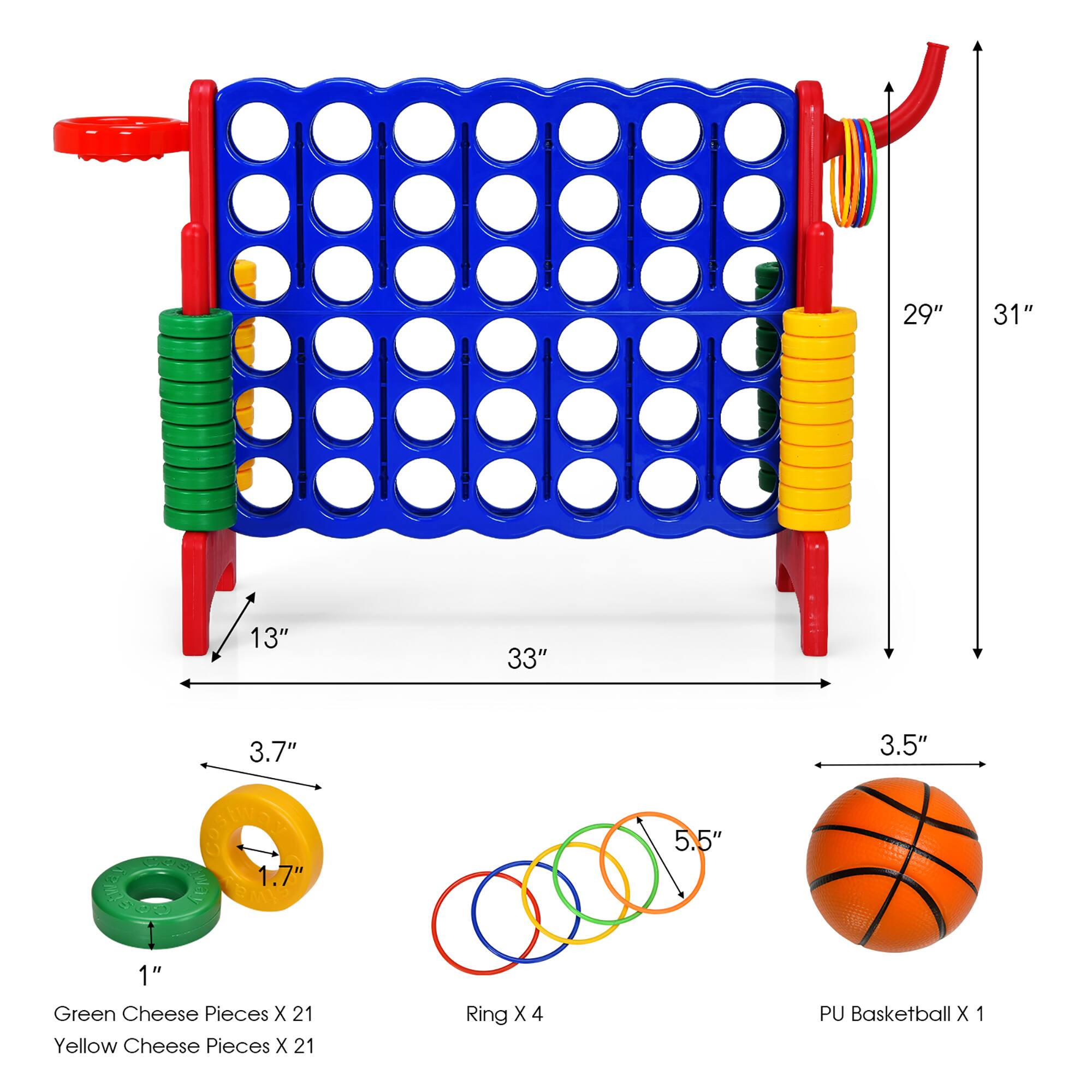 - 29" x 31" x 33" x 13" x 3.7" x 3.5" x 1.7" x 5.5" x 1"
- Green Cheese Pieces X 21
- Yellow Cheese Pieces X 21
- Ring X 4
- PU Basketball x 1