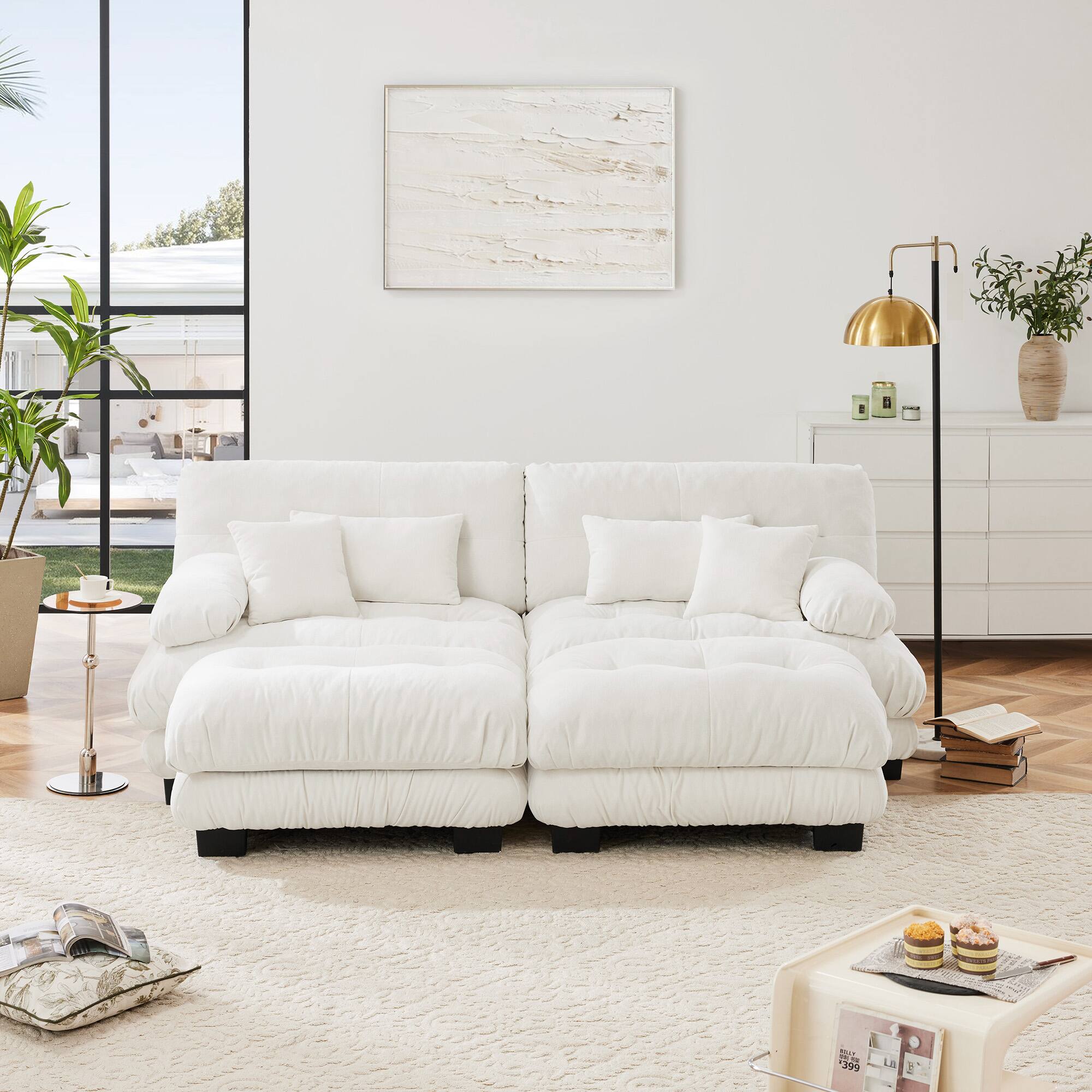 Aukfa - Oversize Modern Two-Seater Sofa with 2 Ottoman - Velvet with Round Bolster Armrests, Waist Pillow, for Bedroom - White