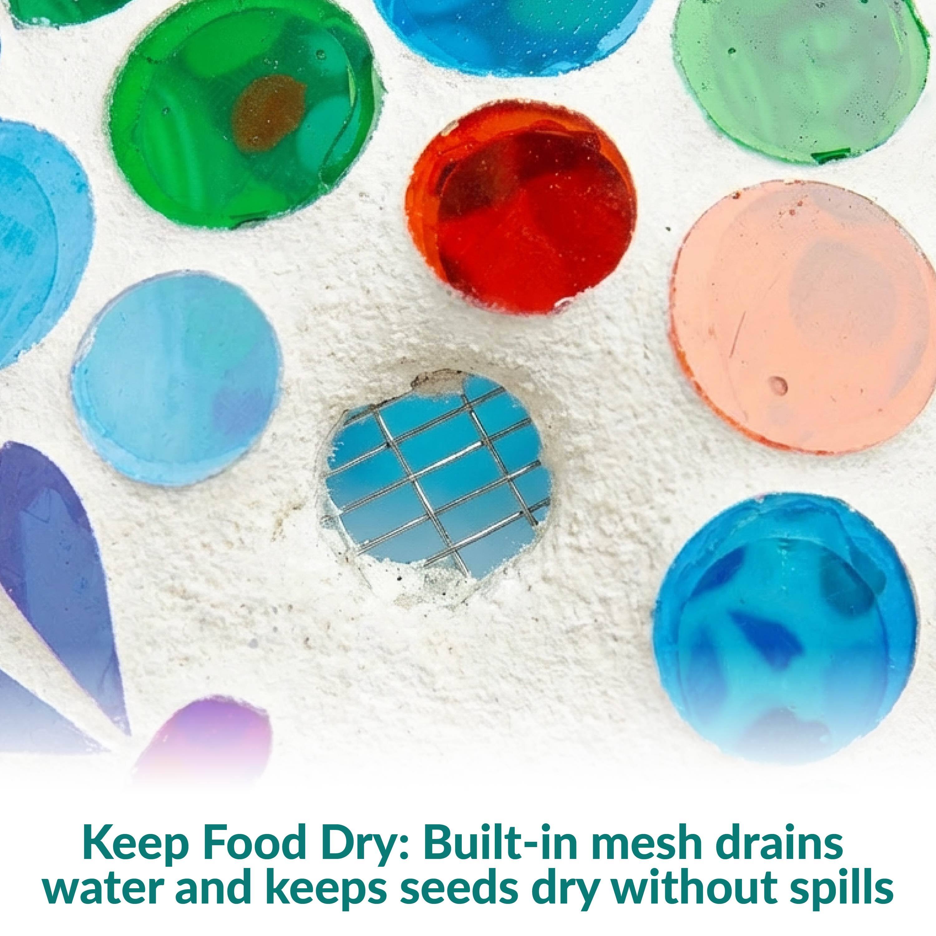 Keep Food Dry: Built-in mesh drains water and keeps seeds dry without spills