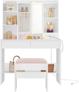 Songmics Home - VASAGLE Vanity Desk with Power Outlets, Dimmable LED Lights, 6 Compartments & 2 Drawers, Cloud - White