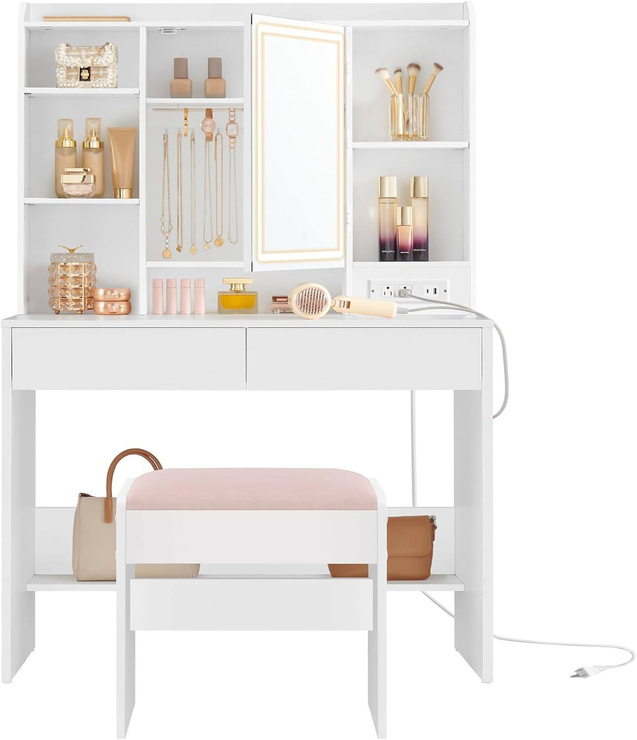 Front. Songmics Home - VASAGLE Vanity Desk with Power Outlets, Dimmable LED Lights, 6 Compartments & 2 Drawers, Cloud White - White.