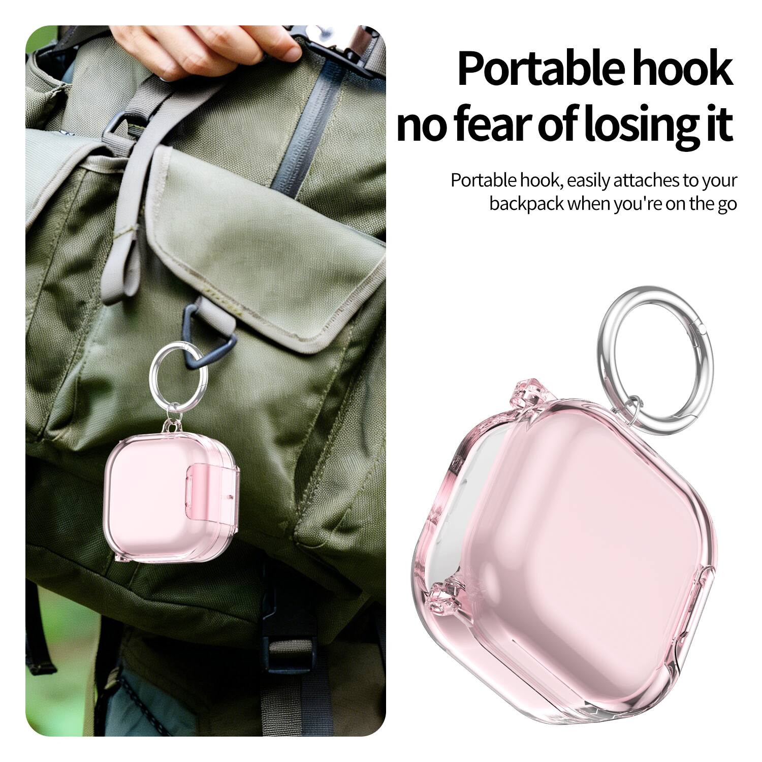 Portable hook no fear of losing it  
Portable hook, easily attaches to your backpack when you're on the go