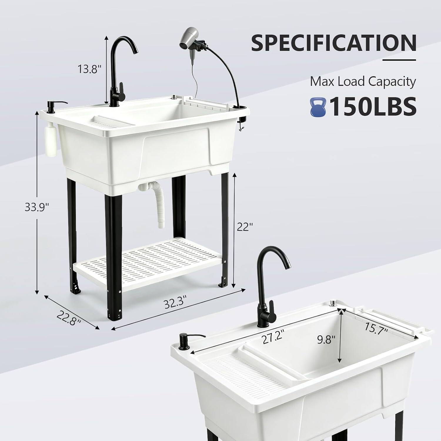 13.8"  
SPECIFICATION  
Max Load Capacity 150LBS  
33.9"  
22"  
22.8"  
32.3"  
27.2"  
9.8"  
15.7"