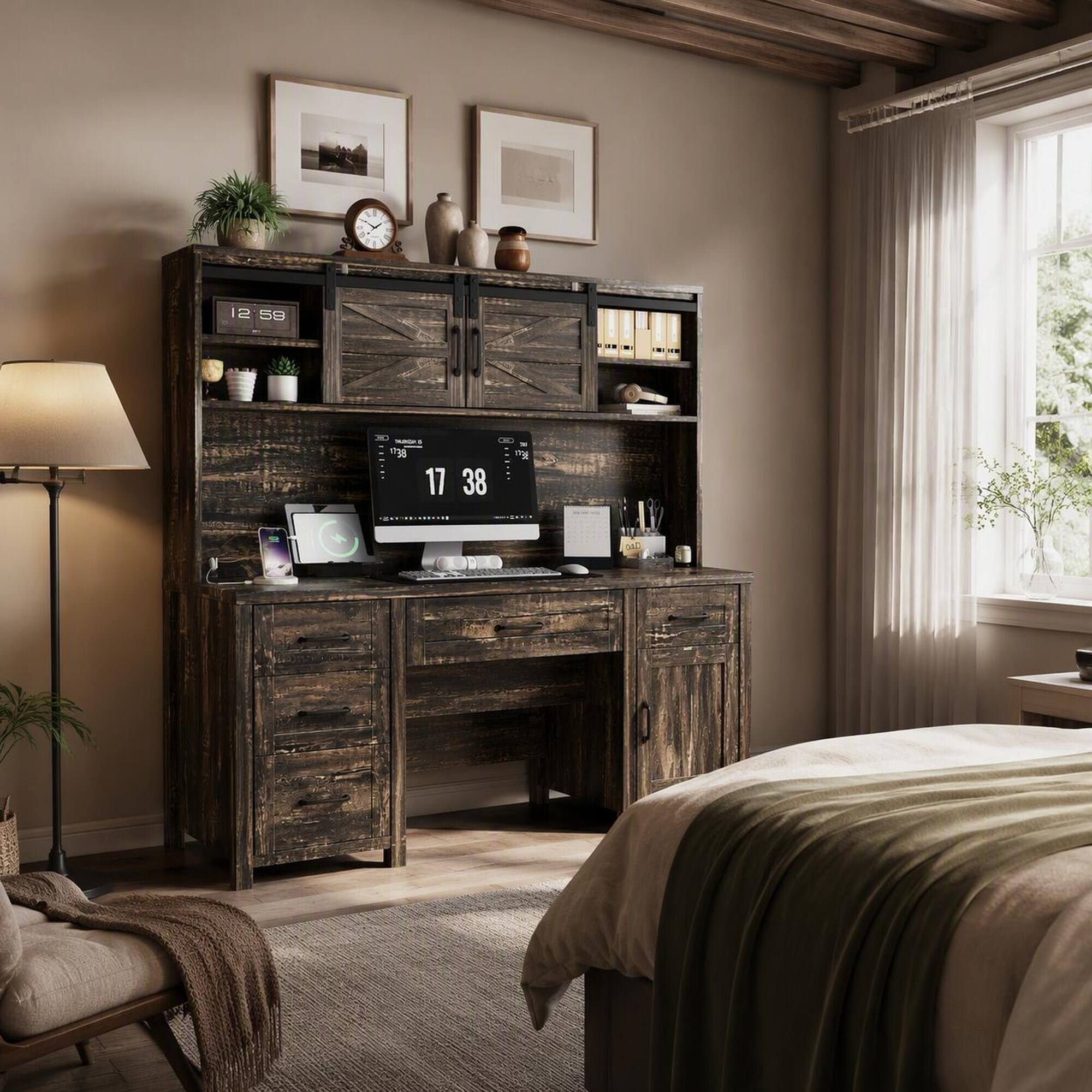 Left. RYHNUYNE - Farmhouse Executive Desk with Hutch, Charging Station, 2 Sliding Barn Doors, 5 Drawers, Adjustable Cabinet, Rustic - Gray.