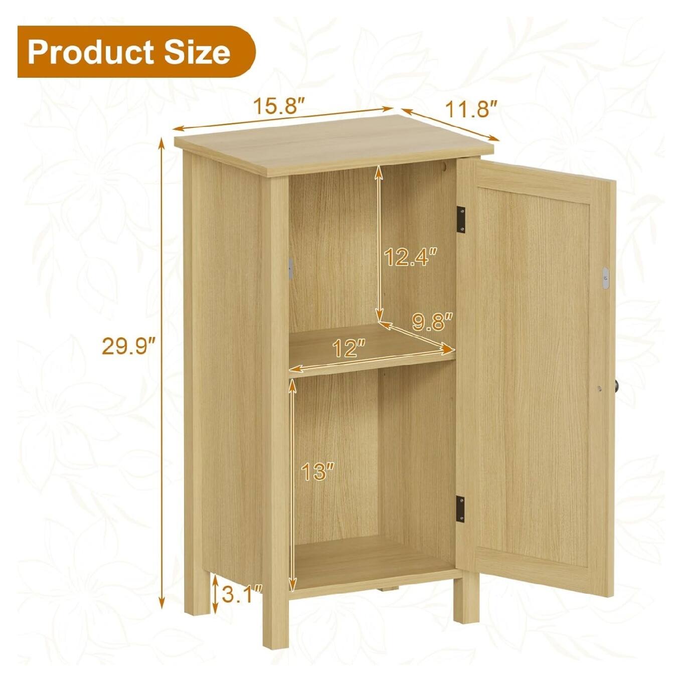 Product Size

- Width: 15.8"
- Depth: 11.8"
- Height: 29.9"
- Shelf 1: 12.4" (Width) x 9.8" (Depth)
- Shelf 2: 12" (Width) x 13" (Depth)
- Bottom Shelf: 13" (Width) x 3.1" (Depth)