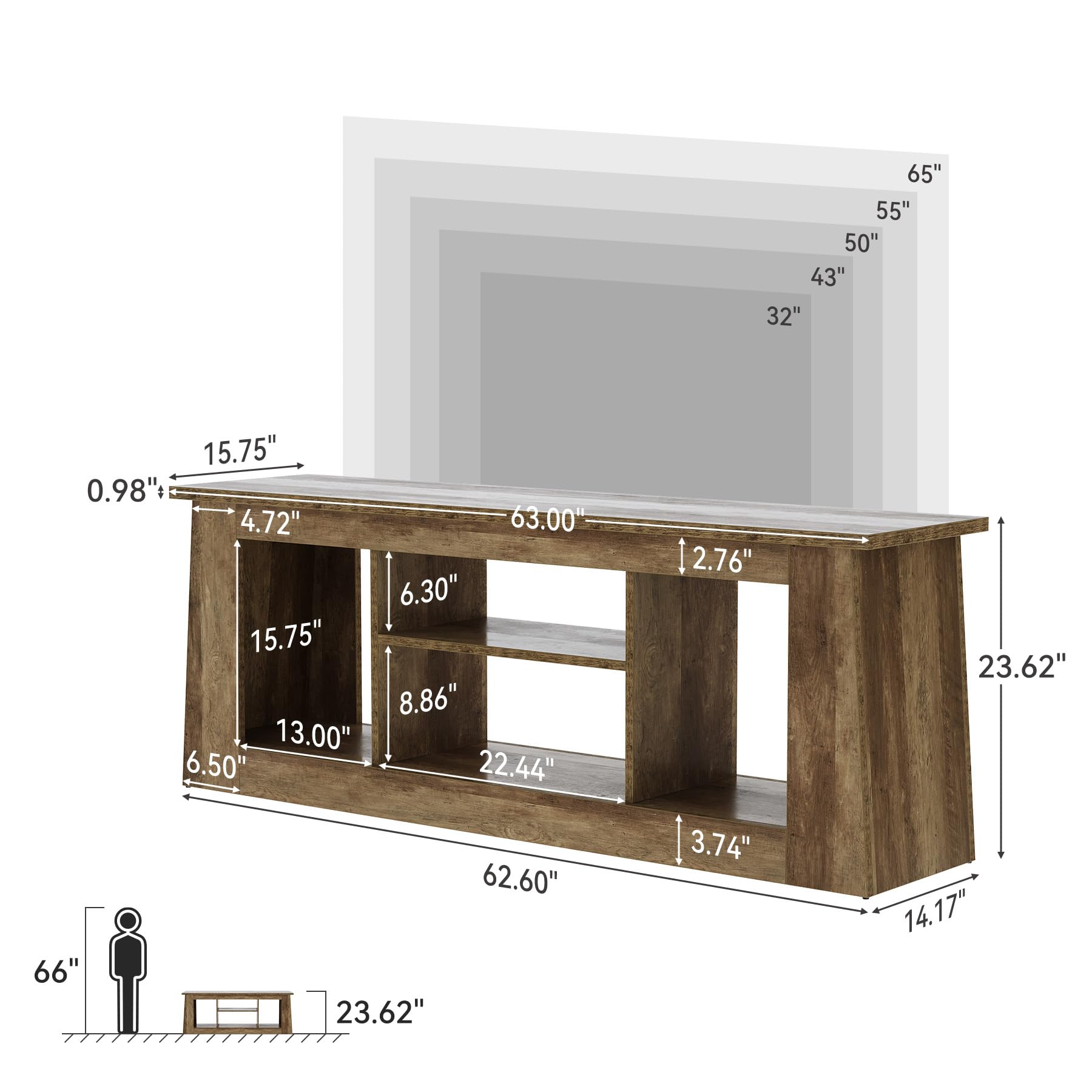 65" 55" 50" 43" 32"

15.75" 0.98" 4.72" 63.00" 6.30" 15.75" 8.86" 13.00" 6.50" 22.44" 62.60" 66" 23.62"

2.76" 3.74"

23.62" 14.17"