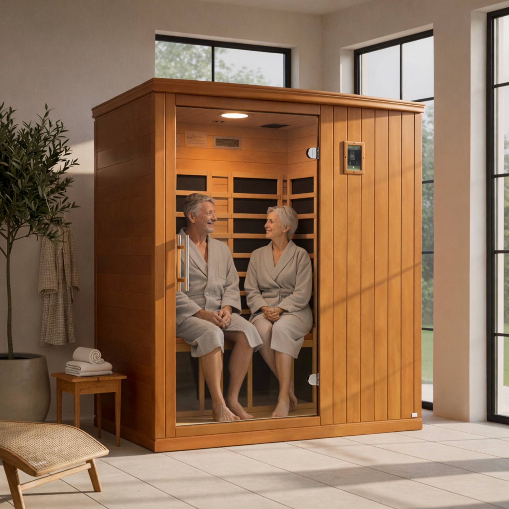 Alt View 7. Dynamic Saunas - Dynamic Saunas Madrid Elite 3 Person Ultra Low EMF Infrared Lighting Home Sauna - Natural Stain Finish.