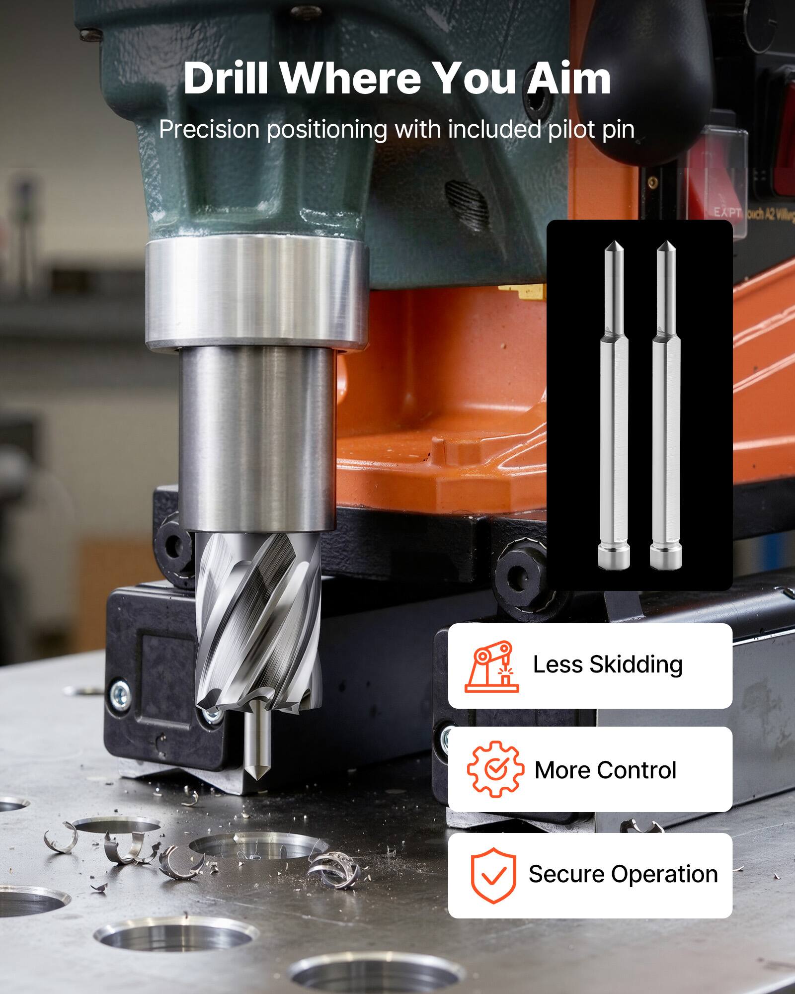 Drill Where You Aim  
Precision positioning with included pilot pin  

- Less Skidding  
- More Control  
- Secure Operation