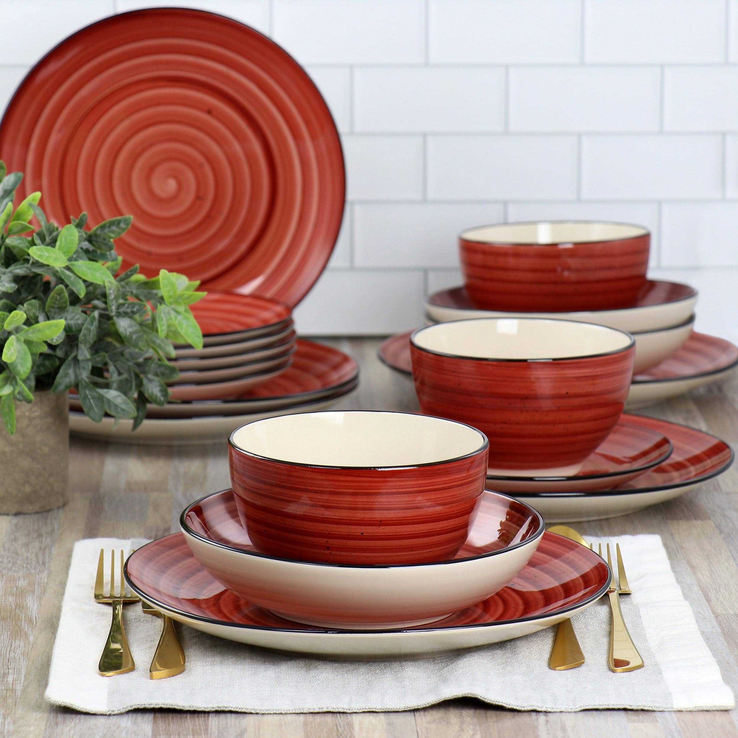 Alt View 2. Dazzed Corner - 24 Piece Round Stoneware Dinnerware Set - Red.