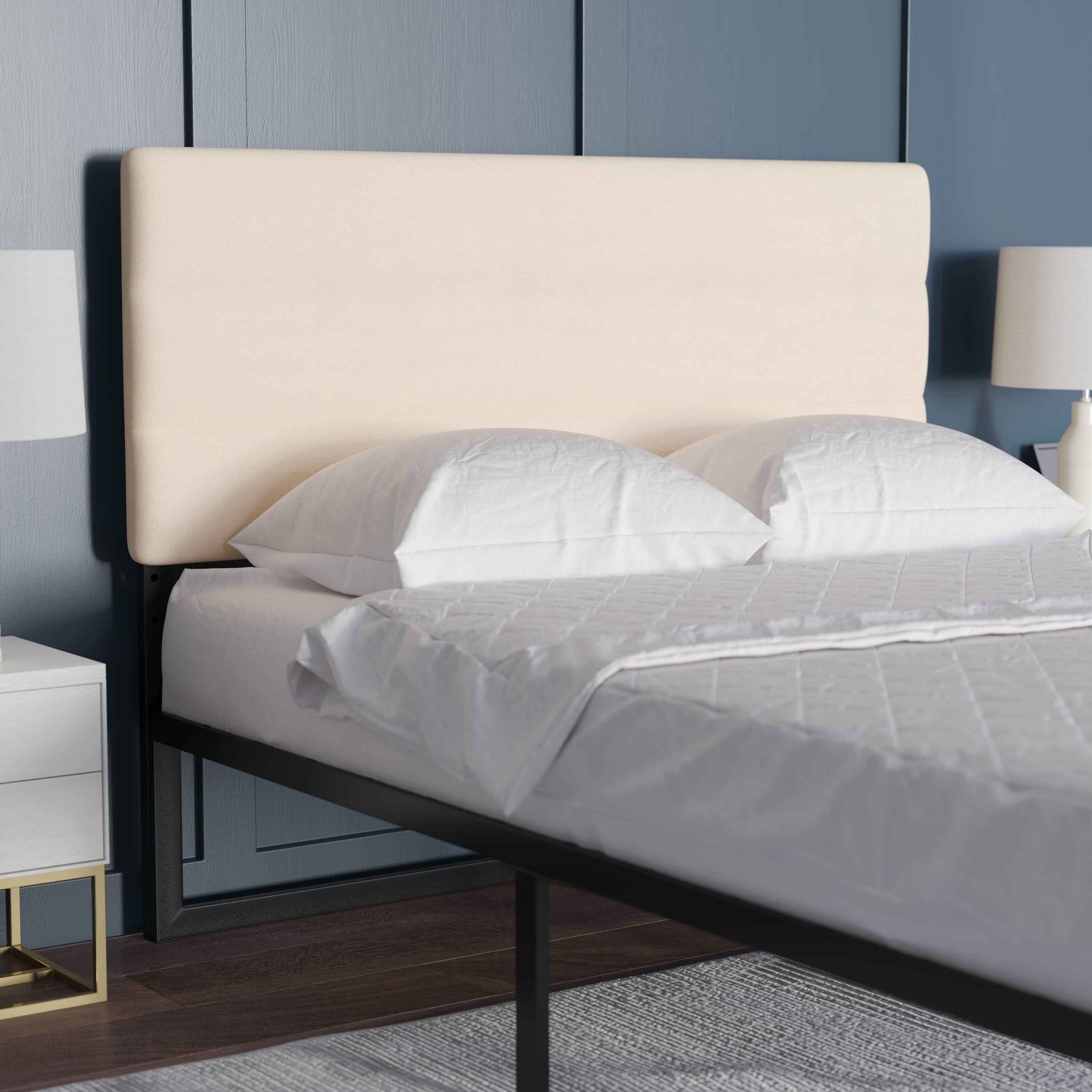 Alt View 2. Emma + Oliver - Gannon Modern Upholstered Headboard with Horizontal Line Stitching and Adjustable Height Rails - Cream.