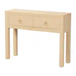 bali & pari - Noah Grasscloth 2-Drawer Console Table - Woven Texture Entryway Table with Gold Ring Pulls, for Narrow Hallway - Light Brown/Gold