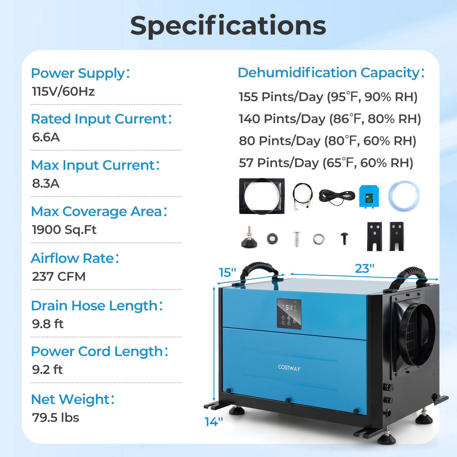 Specifications:

* Power Supply: 115V/60Hz
* Rated Input Current: 6.6A
* Max Input Current: 8.3A
* Dehumidification Capacity:
	+ 155 Pints/Day (95F, 90% RH)
	+ 140 Pints/Day (86F, 80% RH)
	+ 80 Pints/Day (80F, 60% RH)
	+ 57 Pints/Day (65F, 60% RH)
* Max Coverage Area: 1900 Sq.Ft
* Airflow Rate: 237 CFM
* 15" 23" Drain Hose Length: 9.8 ft
* SJ & Power Cord Length: 9.2 ft
* COSTWAY' Net Weight: 79.5 lbs
* 14"