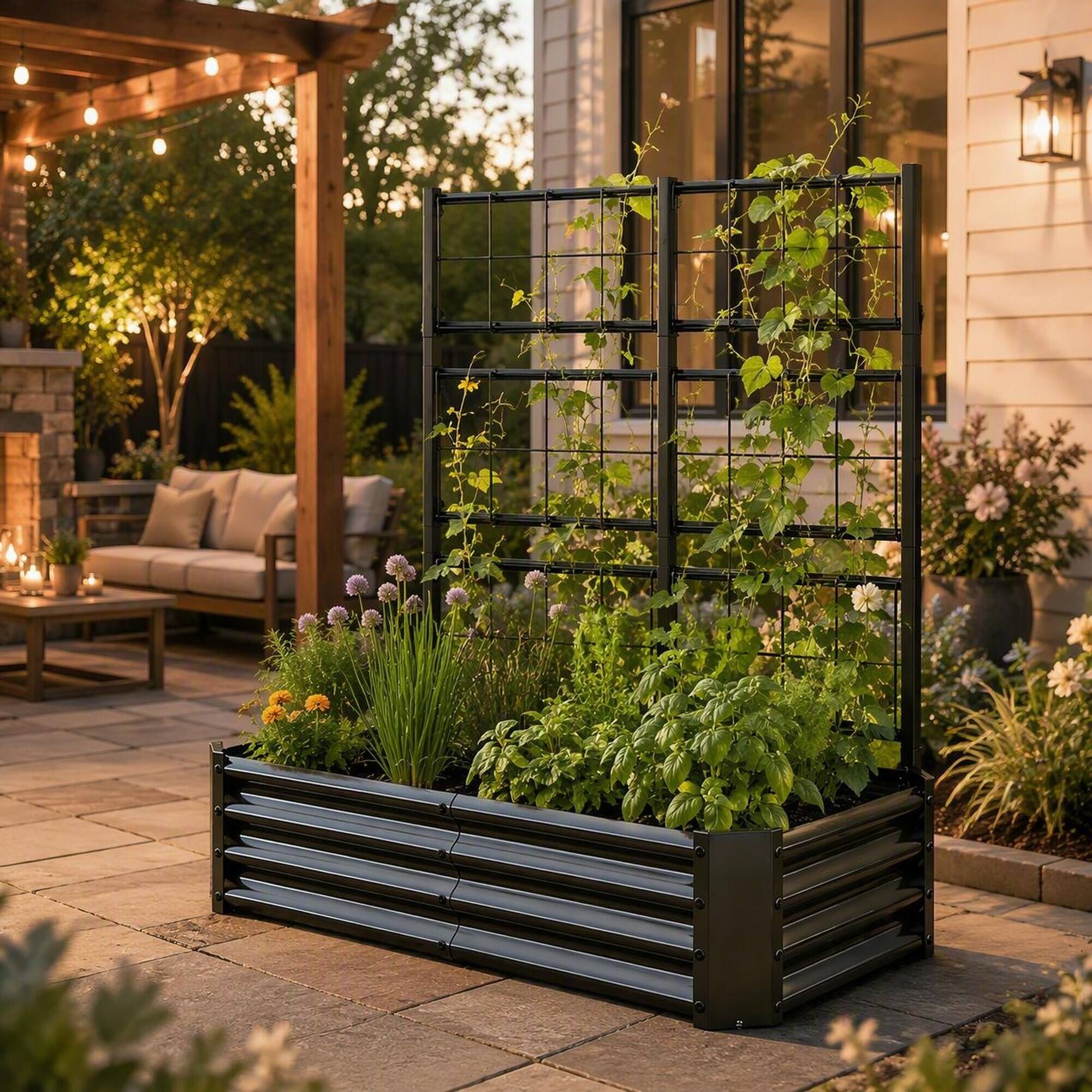 Left. RYHNUYNE - Galvanized Metal Raised Garden Bed 4x2x1FT with Arch Trellis for Climbing Plants, Heavy Duty Outdoor Planter Box - Black.