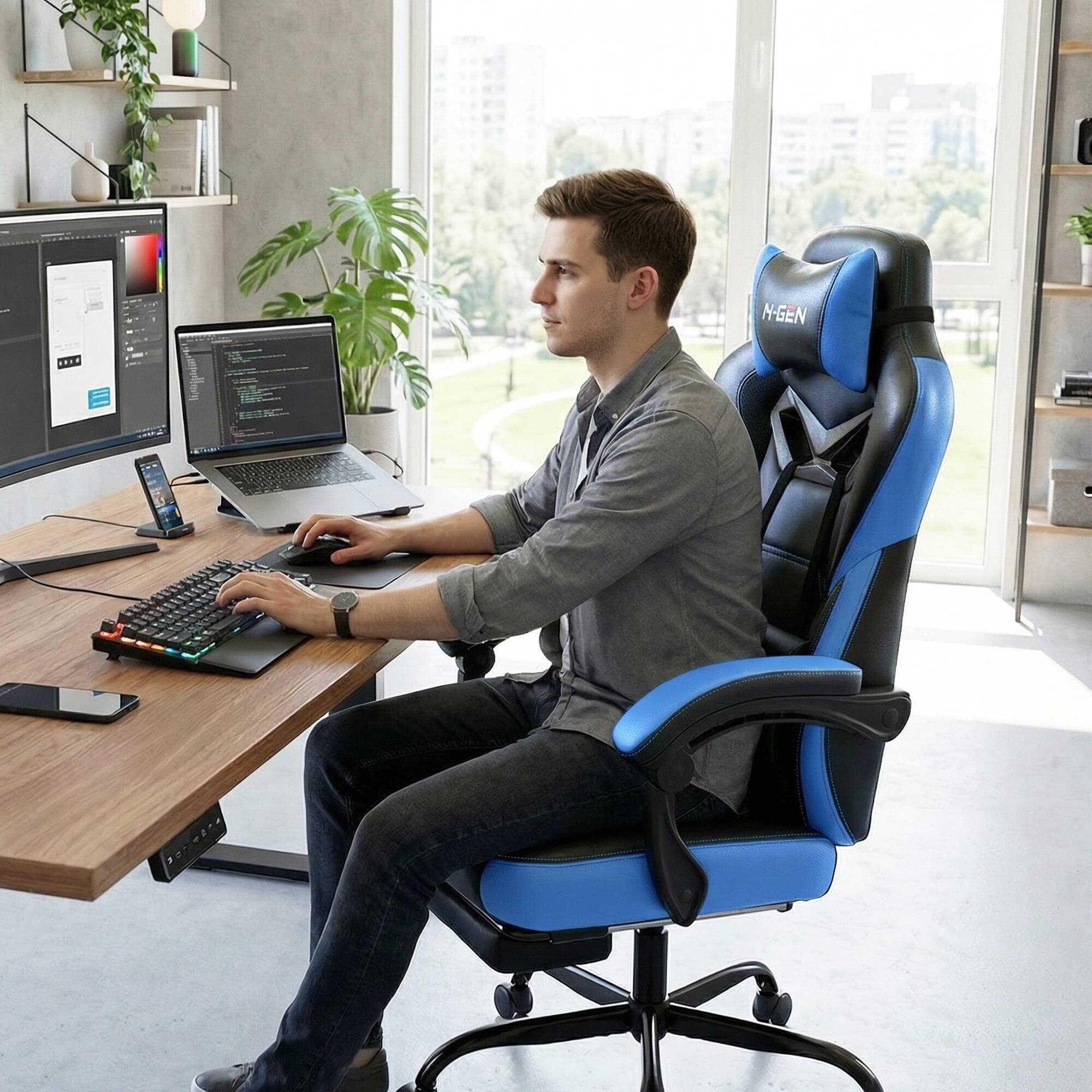 Alt View 2. Celtoss - Big & Tall Gaming Chair with Footrest, 400 lbs Heavy Duty Ergonomic PU Leather Recliner with Headrest & Lumbar Support - Big & Tall Blue.