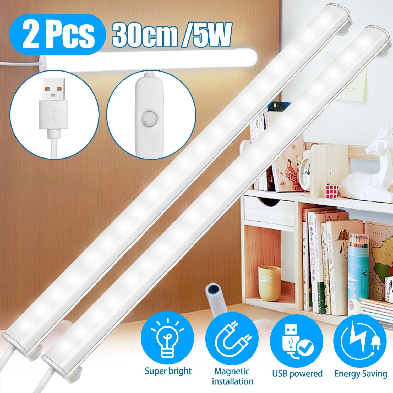 2 Pcs  
30cm / 5W  

Super bright  
Magnetic installation  
USB powered  
Energy Saving