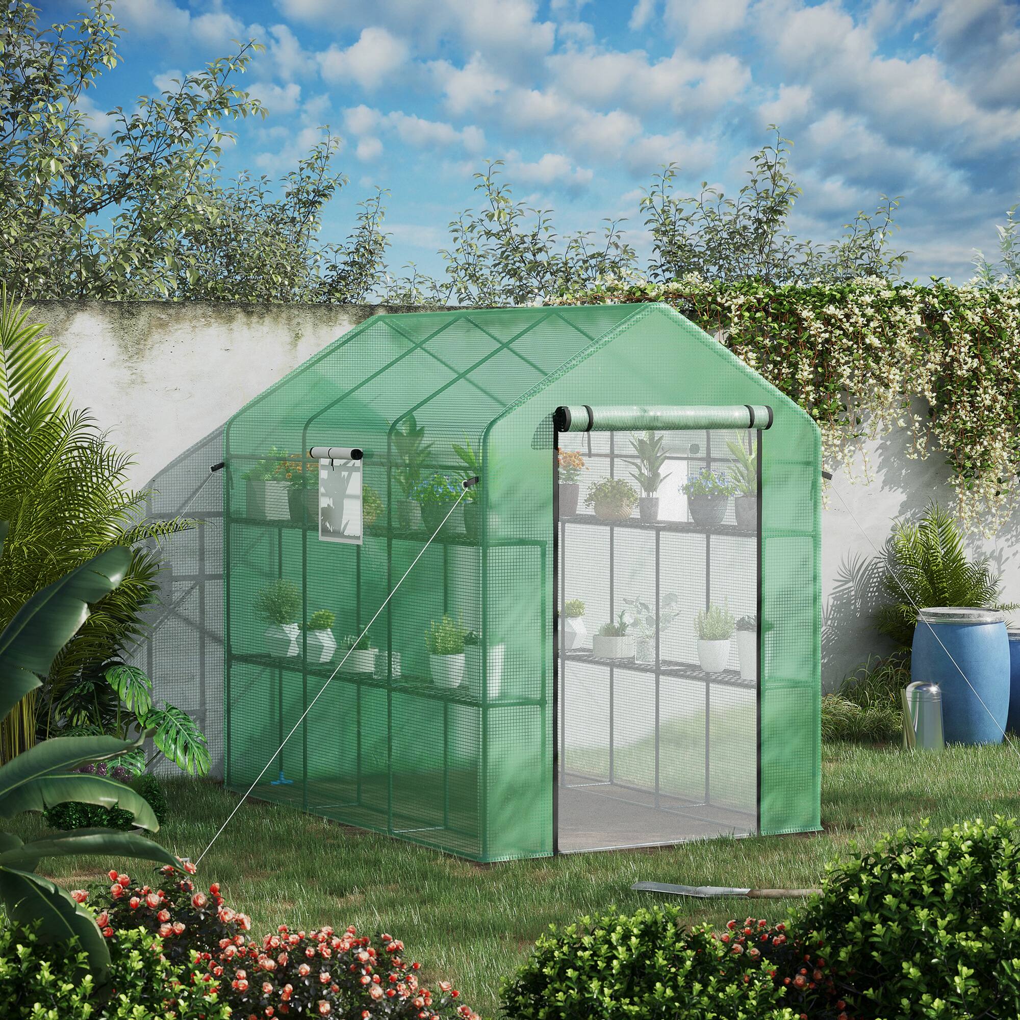 Alt View 1. Outsunny - 7' x 5' x 6' Walk-in Greenhouse for Outdoors with Mesh Door and Windows, 18 Shelf Hot House with Trellis, Plant Labels.