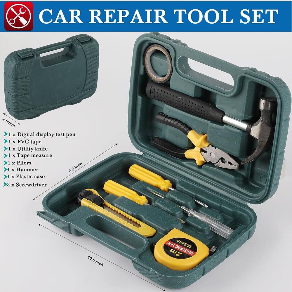 CAR REPAIR TOOL SET

- 1 x Digital display test pen
- 1 x PVC tape
- 1 x Utility knife
- 1 x Tape measure
- 1 x Pliers
- 1 x Hammer
- 1 x Plastic case
- 3 x Screwdriver

Dimensions:
- 2.6 inch
- 8.5 inch
- 10.6 inch
- 12.5mm TAPE
- MEASURING 2