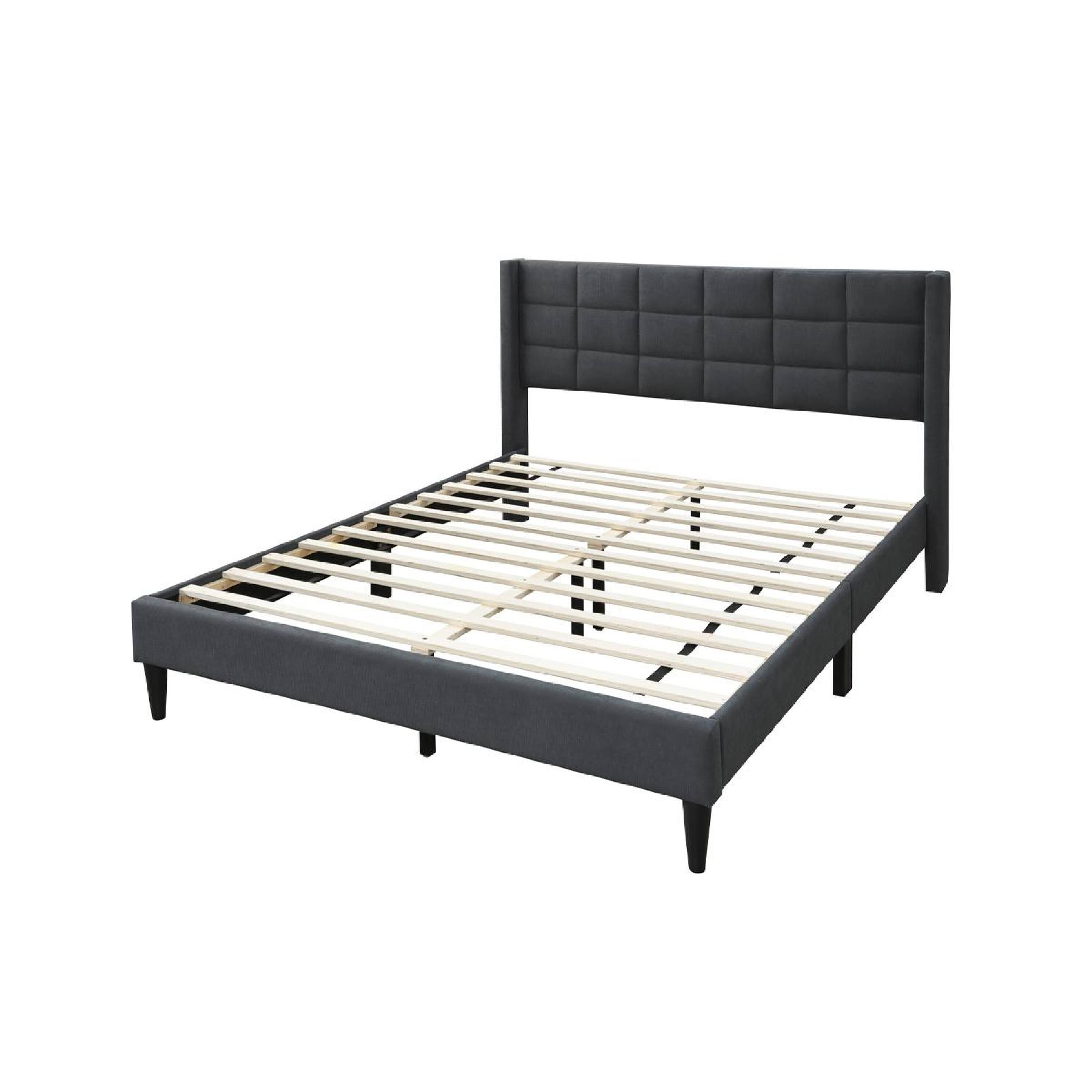 Alt View 1. Manhattan Lane - Meno Queen Size Bed, Square Stitched Charcoal Gray Linen Upholstery - Charcoal Gray, Black.