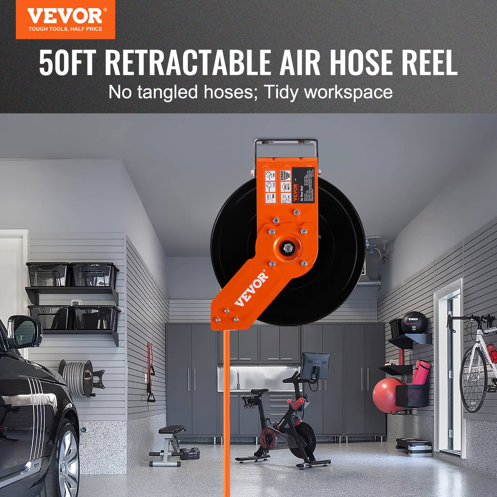 VEVOR TOUGH TOOLS, HALF PRICE  
50FT RETRACTABLE AIR HOSE REEL  
No tangled hoses; Tidy workspace