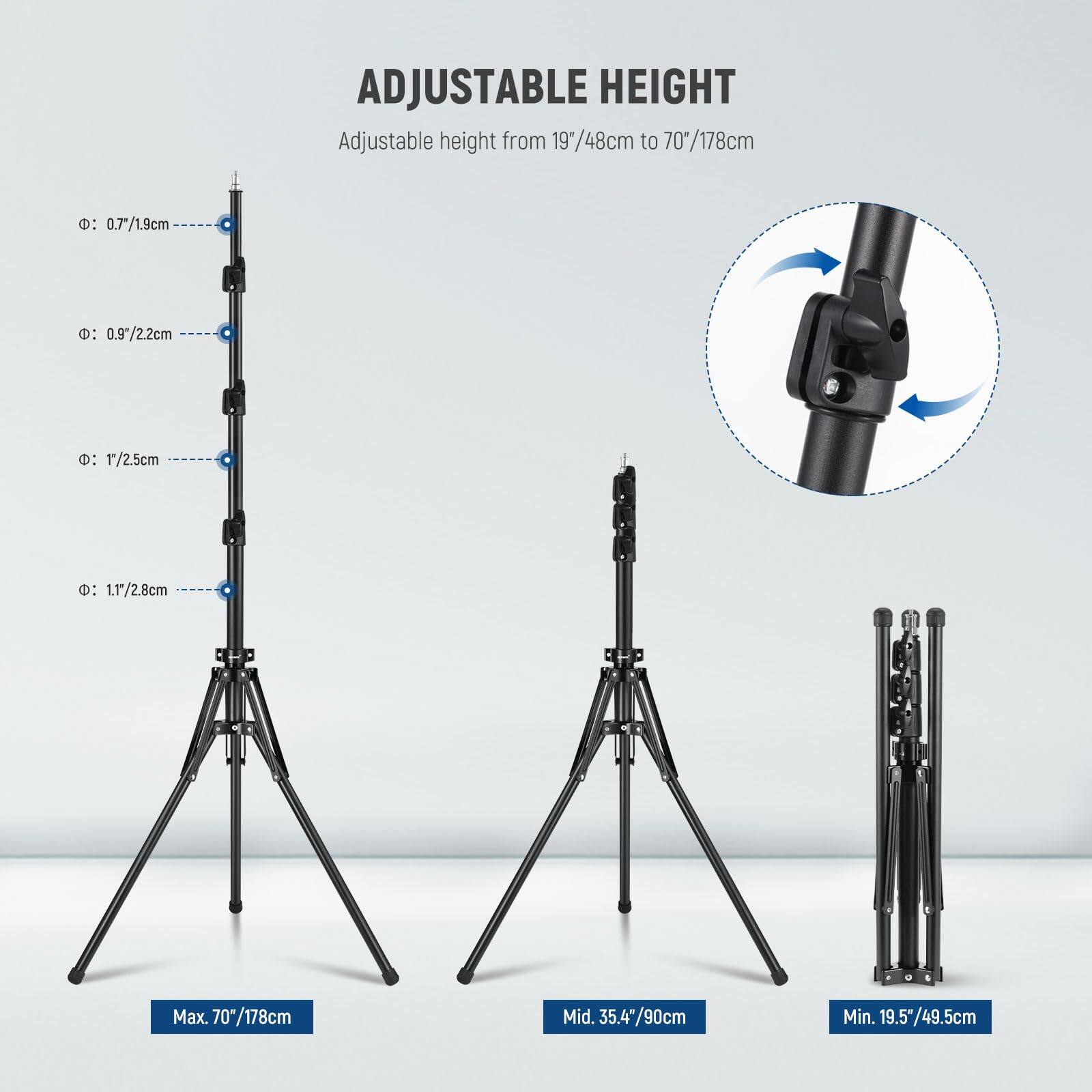 ADJUSTABLE HEIGHT

Adjustable height from 19"/48cm to 70"/178cm

- 0.7"/1.9cm
- 0.9"/2.2cm
- 1"/2.5cm
- 1.1"/2.8cm

Max. 70"/178cm  
Mid. 35.4"/90cm  
Min. 19.5"/49.5cm