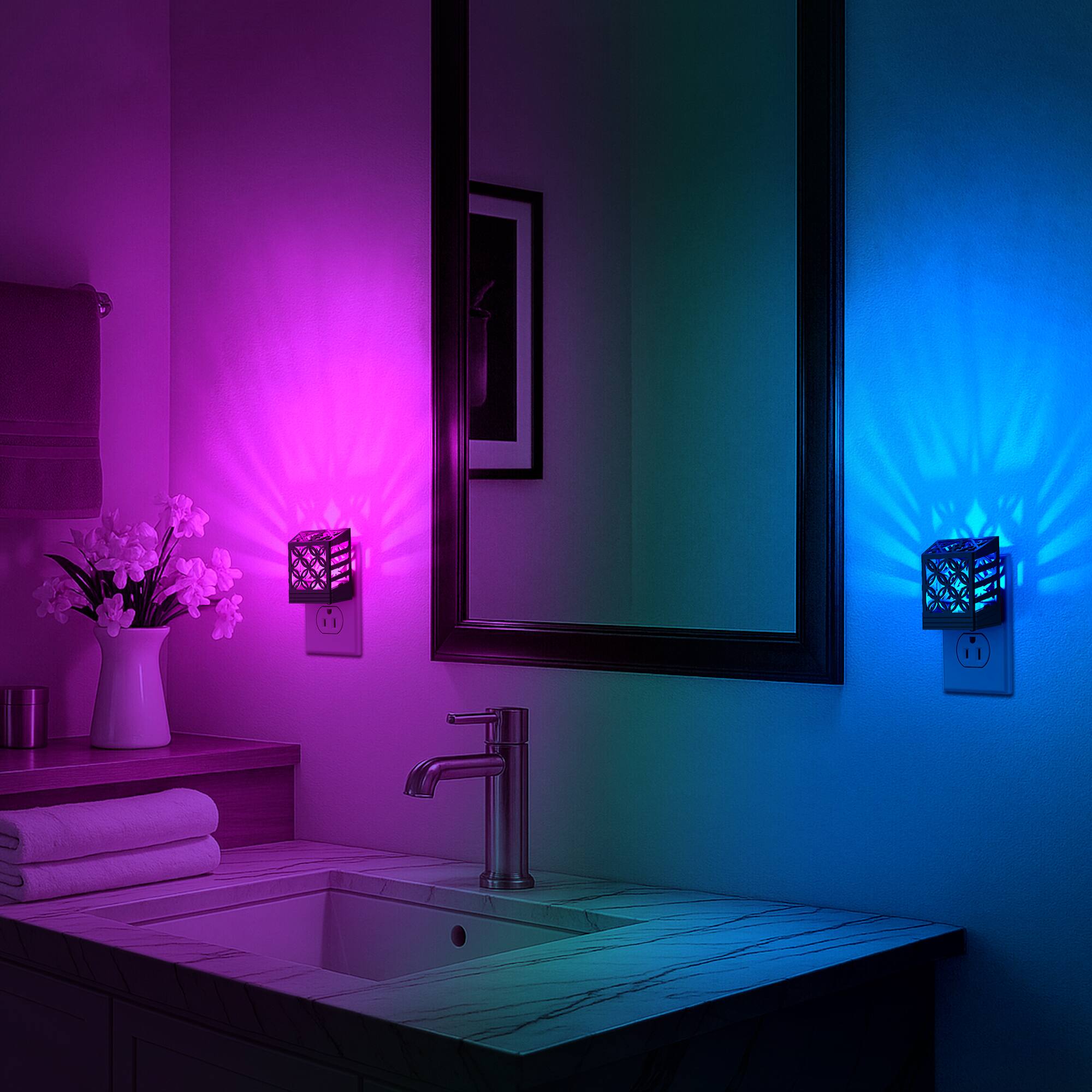 Left. Jandcase - JANDCASE 2-Pack 0.5W Plug-in Night Light, RGB Color Changing, Solar-Inspired Decorative Design, Dusk-to-Dawn Sensor - Black.