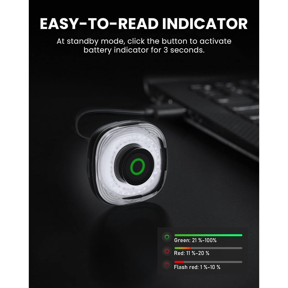 EASY-TO-READ INDICATOR

At standby mode, click the button to activate battery indicator for 3 seconds.

- Green: 21 %-100%
- Red: 11 %-20 %
- Flash red: 1 %-10 %