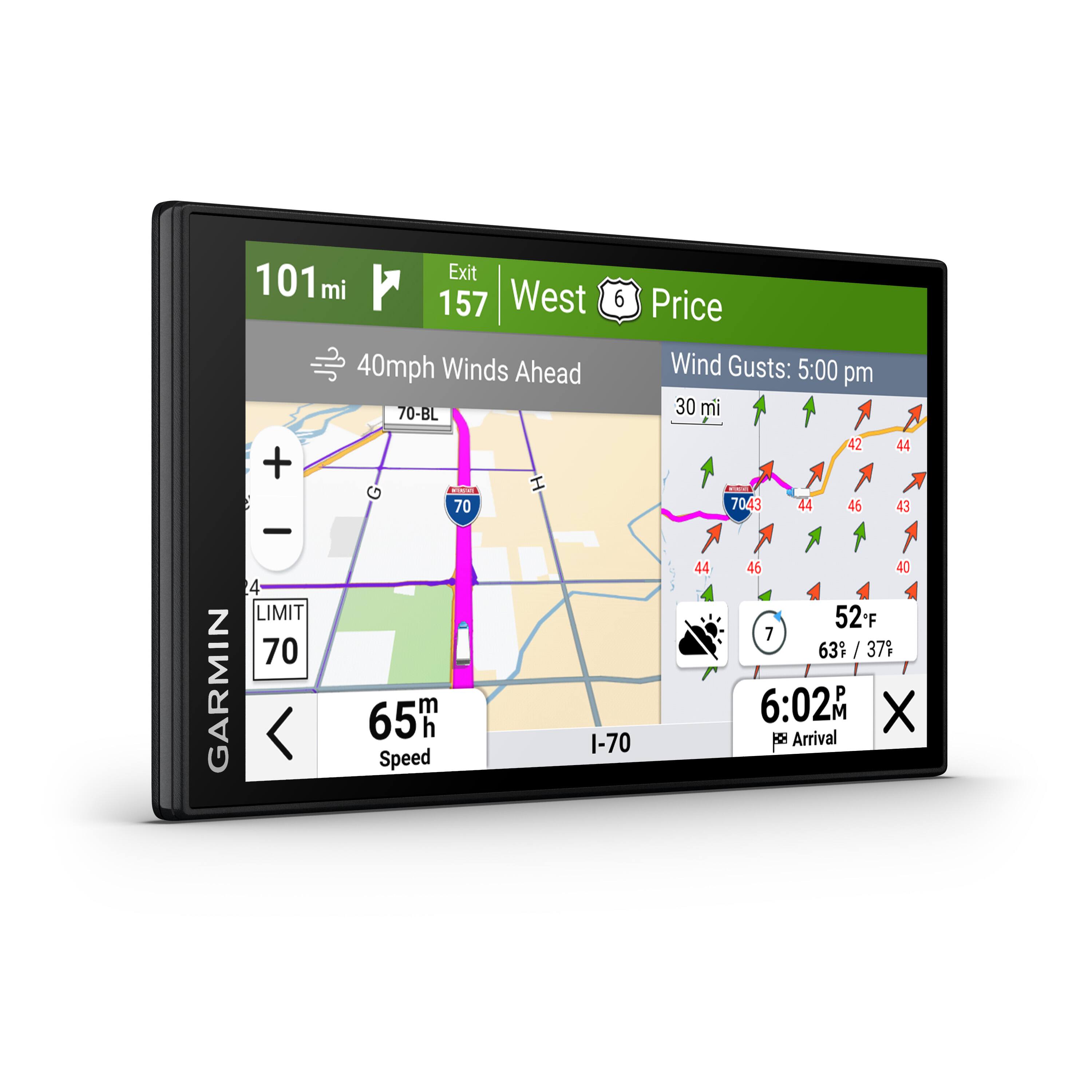 The text on the image is grouped and corrected as follows:

101 Exit mi West 157 Price 40mph Winds Ahead Wind Gusts: 5:00 pm 70-BL 30 mi + 70 H N 7043 44 42 46 44 43 GARMIN - 4 LIMIT 70 < m 65h h Speed I-70 ; 44 46 40 52F 7 63 / 3 37% 6:02M M X  Arrival