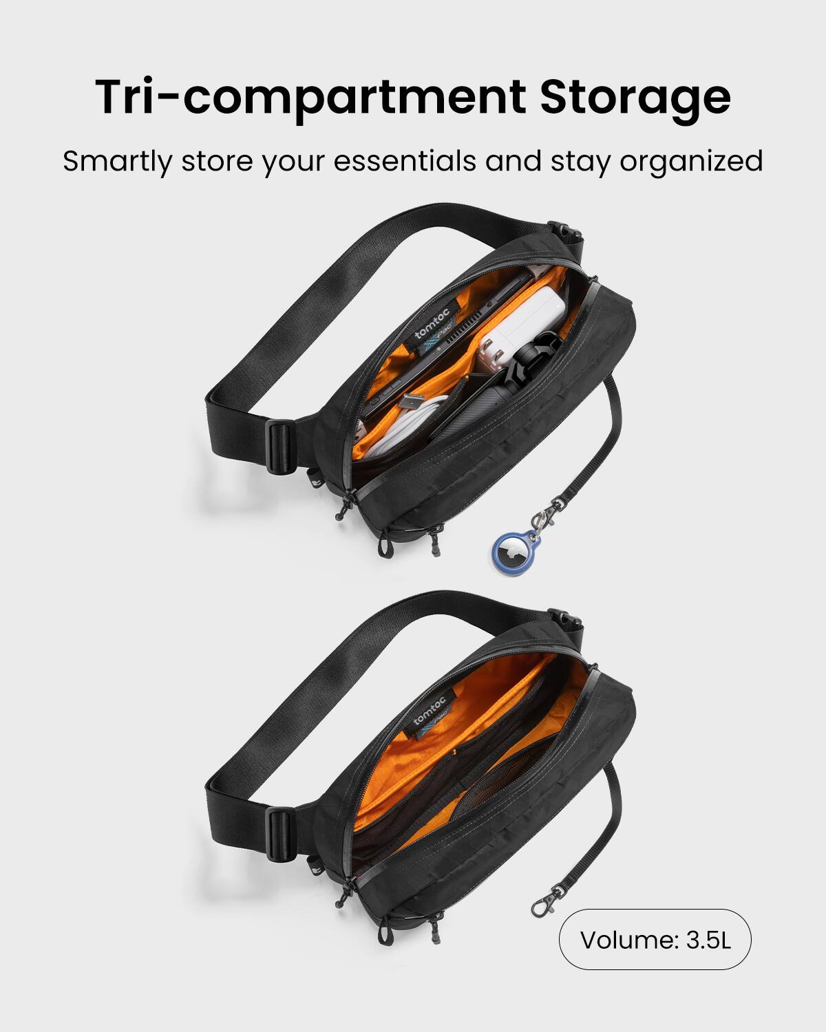 Tri-compartment Storage: Smartly store your essentials and stay organized. Volume: 3.5L