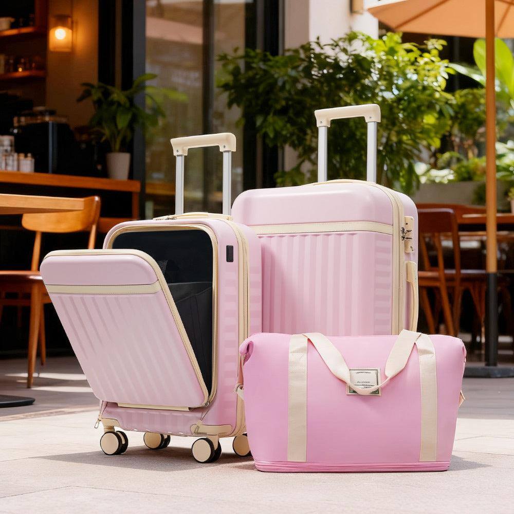 Angle. BreeBe - 3-Piece Front-Opening Hardshell Luggage Set, Carry-On Suitcases with USB Port, Expandable, Spinner Wheels, TSA Lock - Pink.