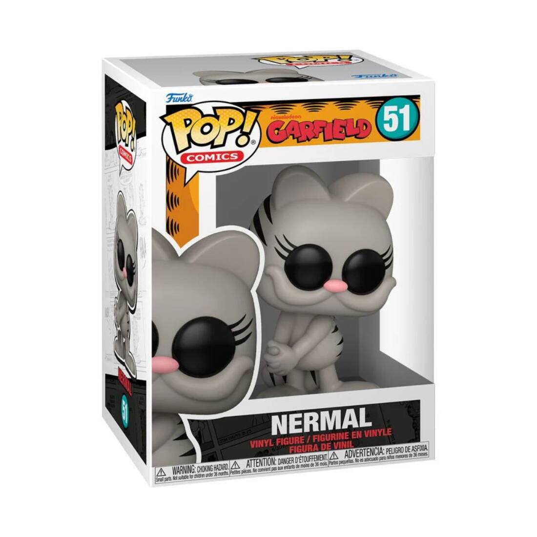 Funko POP! COMICS  
GARFIELD 51  

NERMAL  
VINYL FIGURE / FIGURINE EN VINYLE / FIGURA DE VINIL  

WARNING: CHOKING HAZARD - Small parts. Not for children under 3 years.  
ATTENTION: PELIGRO DE ASFIXIA - Piezas pequeñas. No es para niños menores de 3 años.  
ADVERTENCIA: PEU DE TOUFFEMENT - Petits éléments. Ne convient pas aux enfants de moins de 3 ans.