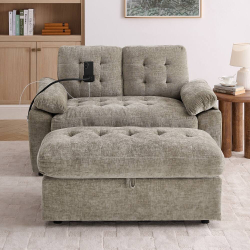 Angle. LUCKY ONE - Double Sofa Recliner w/ Manual Adjustable Backrest USB Port Phone Stand Storage Ottoman - Brown.