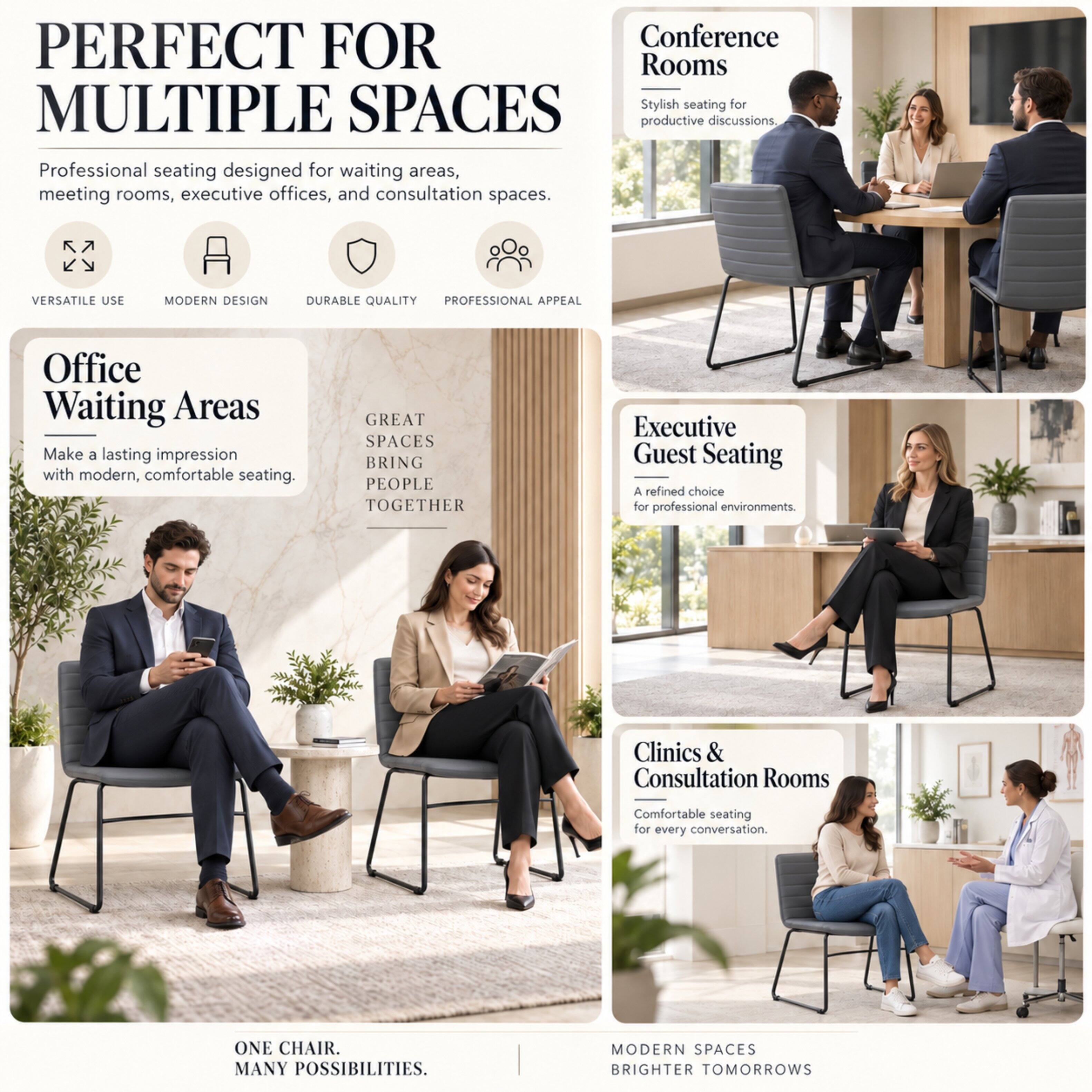 PERFECT FOR MULTIPLE SPACES  
Professional seating designed for waiting areas, meeting rooms, executive offices, and consultation spaces.

VERSATILE USE  
MODERN DESIGN  
DURABLE QUALITY  
PROFESSIONAL APPEAL

Office Waiting Areas  
Make a lasting impression with modern, comfortable seating.

GREAT SPACES BRING PEOPLE TOGETHER

Conference Rooms  
Stylish seating for productive discussions.

Executive Guest Seating  
A refined choice for professional environments.

Clinics & Consultation Rooms  
Comfortable seating for every conversation.

ONE CHAIR. MANY POSSIBILITIES.

MODERN SPACES BRIGHTER TOMORROWS