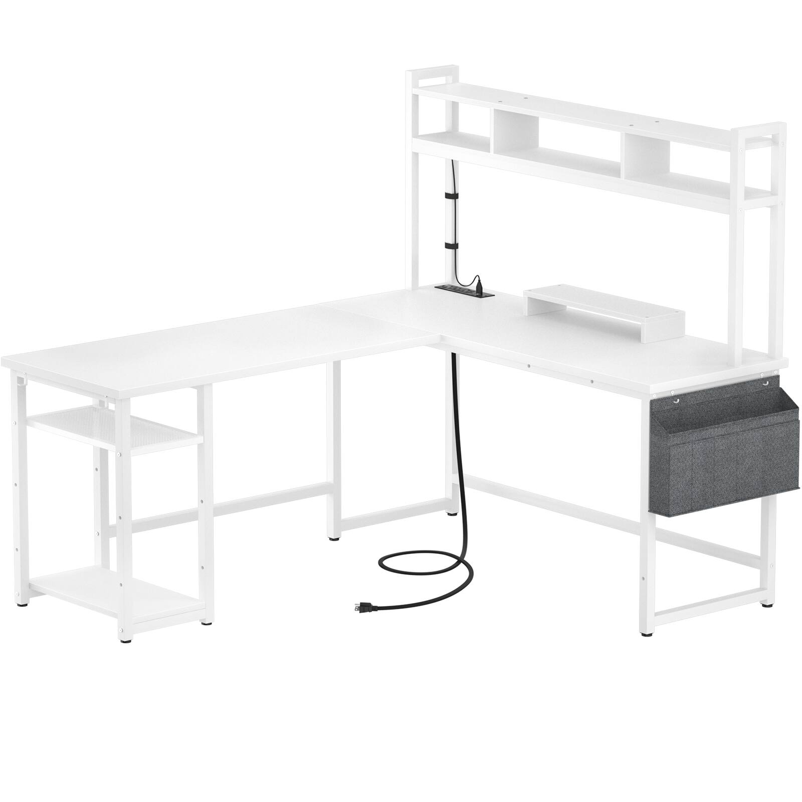 Alt View 4. Aheaplus - L Shaped Desk with Hutch, 59'' Gaming Desk with Outlets, LED Lights, and Storage Bag for Home & Office - White.