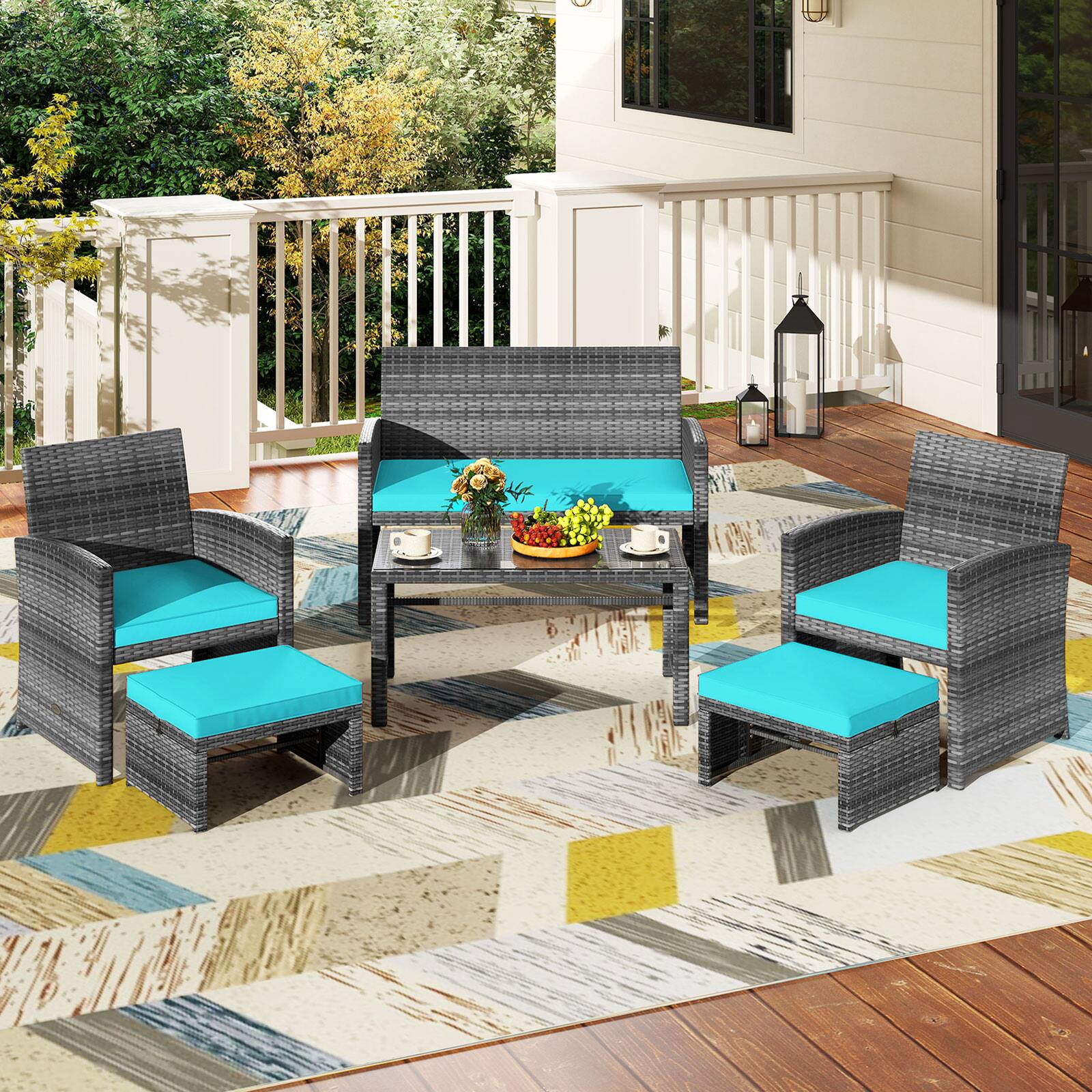 Alt View 3. Costway - Costway 6PCS Patio Furniture Set Outdoor Sectional Conversation PE Rattan Sofa Set - Mix Brown,Turquoise.