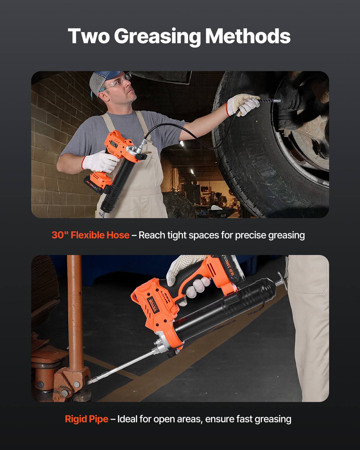 Two Greasing Methods

1. 30" Flexible Hose – Reach tight spaces for precise greasing
2. Rigid Pipe – Ideal for open areas, ensure fast greasing