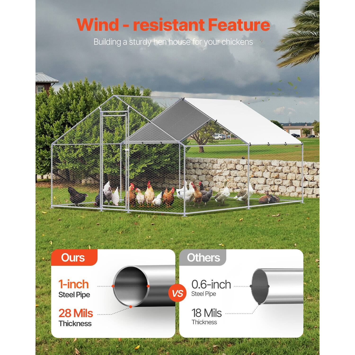 Wind - resistant Feature  
Building a sturdy hen house for your chickens  

Ours  
1-inch Steel Pipe  
28 Mils Thickness  

Others  
0.6-inch Steel Pipe  
18 Mils Thickness