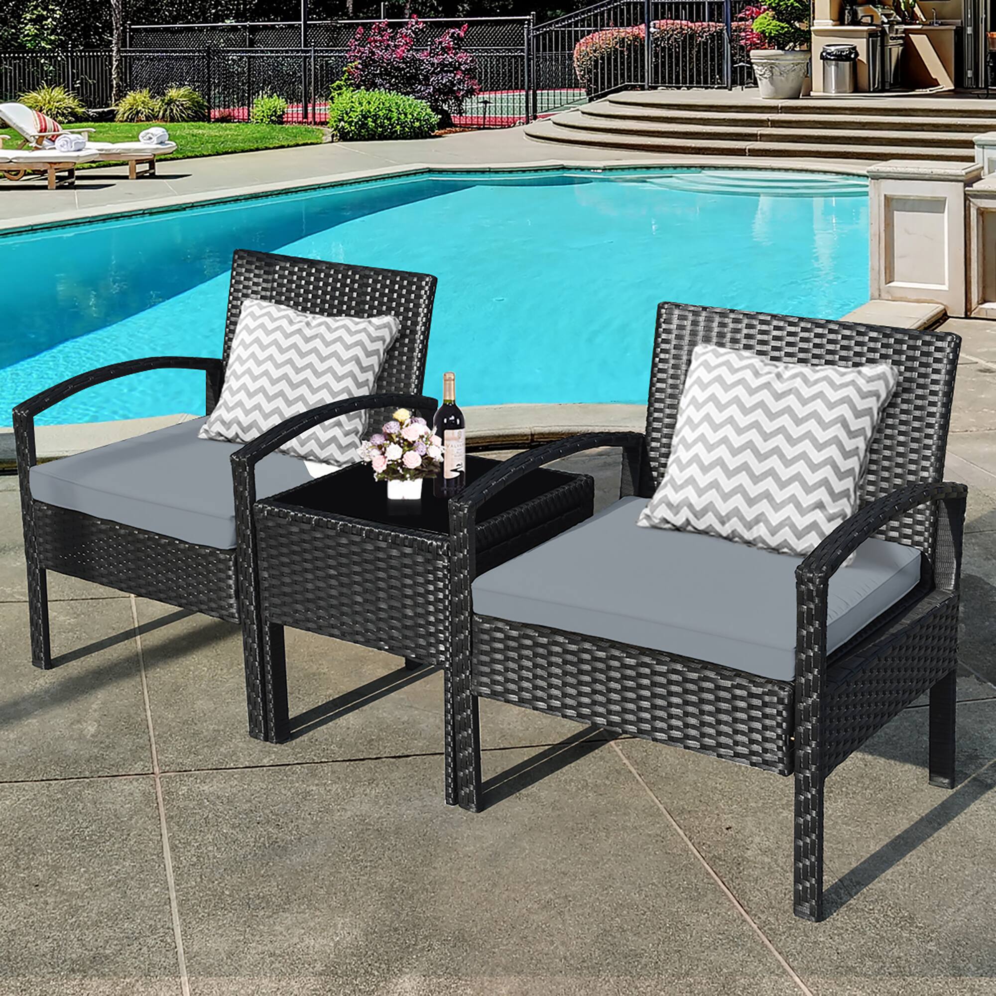 Alt View 3. Costway - Costway 3PCS Patio Rattan Furniture Set Coffee Table Conversation Sofa Cushioned - Black.