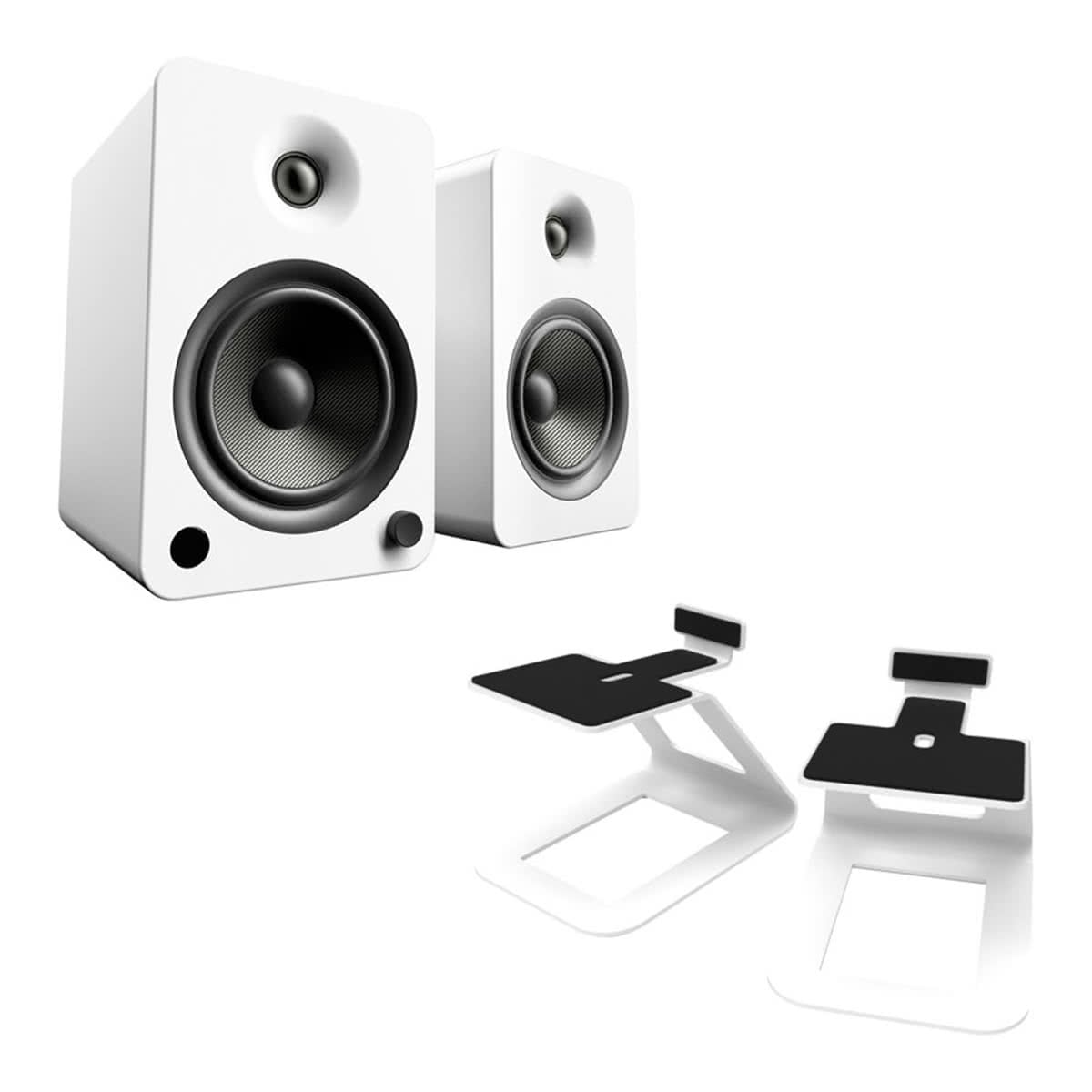 Front. Kanto - Kanto YU6 Powered Bookshelf Speakers (Matte White) with SE6 Elevated Desktop Speaker Stands (White) - Matte White.