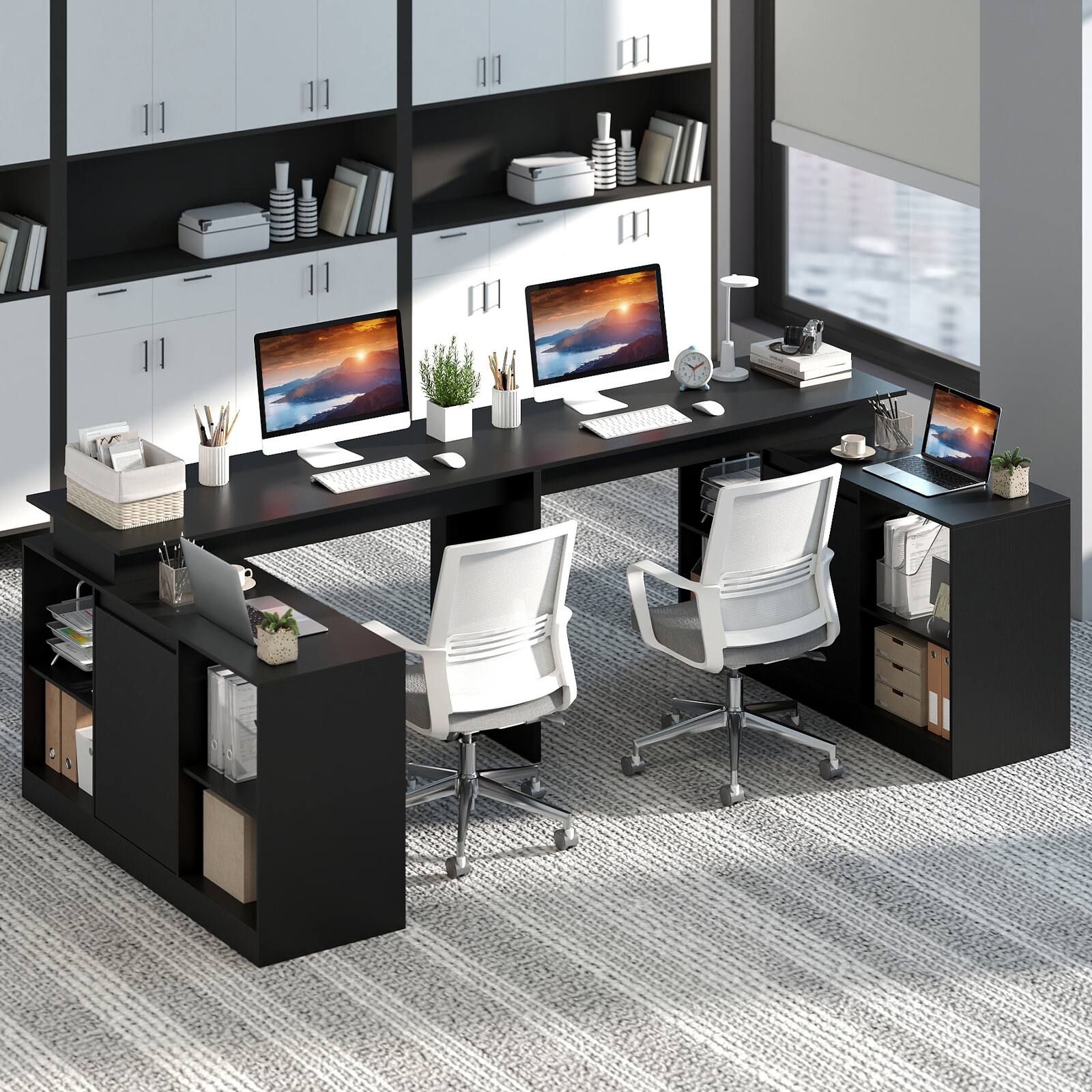 Alt View 3. Gymax - Gymax 48'' Reversible L-shaped Computer Desk w/2 Doors 4 Open Storage Cubes for Office Black - Black.