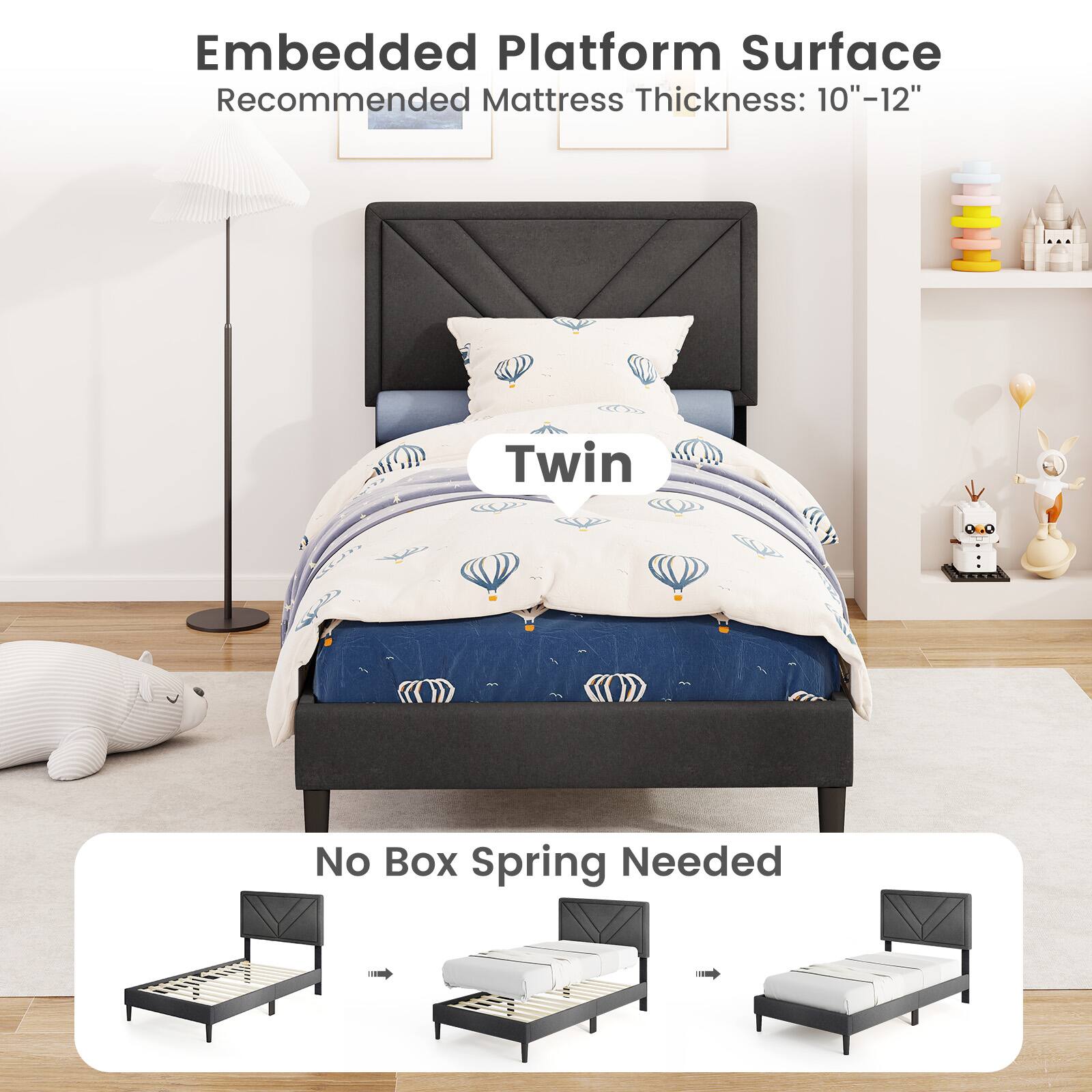 Embedded Platform Surface Recommended Mattress Thickness: 10"-12" Twin No Box Spring Needed