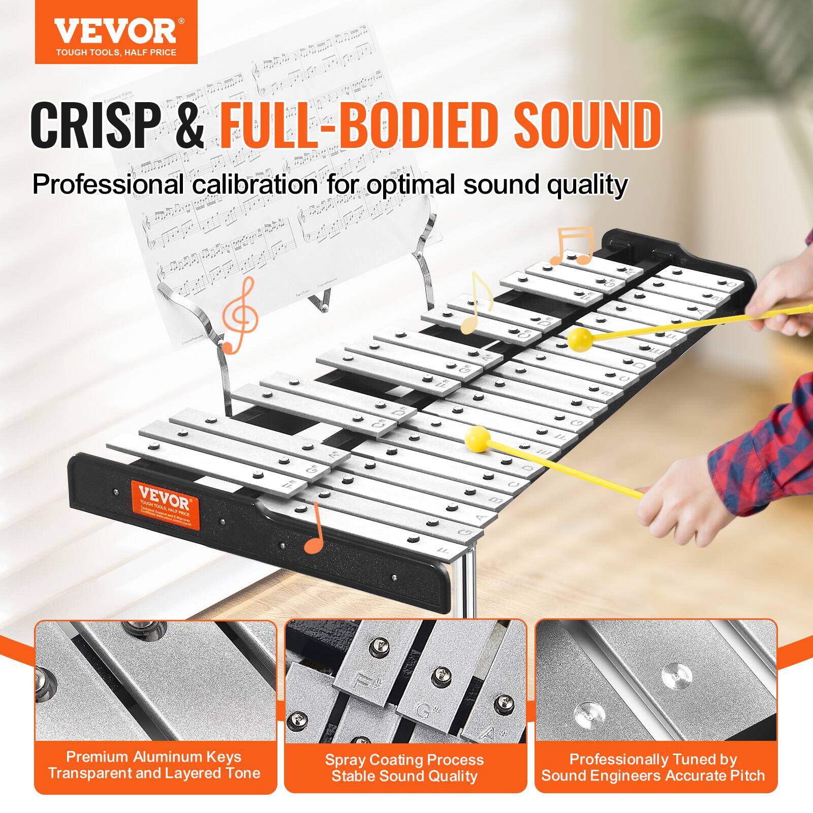 VEVOR  
TOUGH TOOLS, HALF PRICE  

CRISP & FULL-BODIED SOUND  
Professional calibration for optimal sound quality  

Premium Aluminum Keys  
Transparent and Layered Tone  

Spray Coating Process  
Stable Sound Quality  

Professionally Tuned by Sound Engineers  
Accurate Pitch