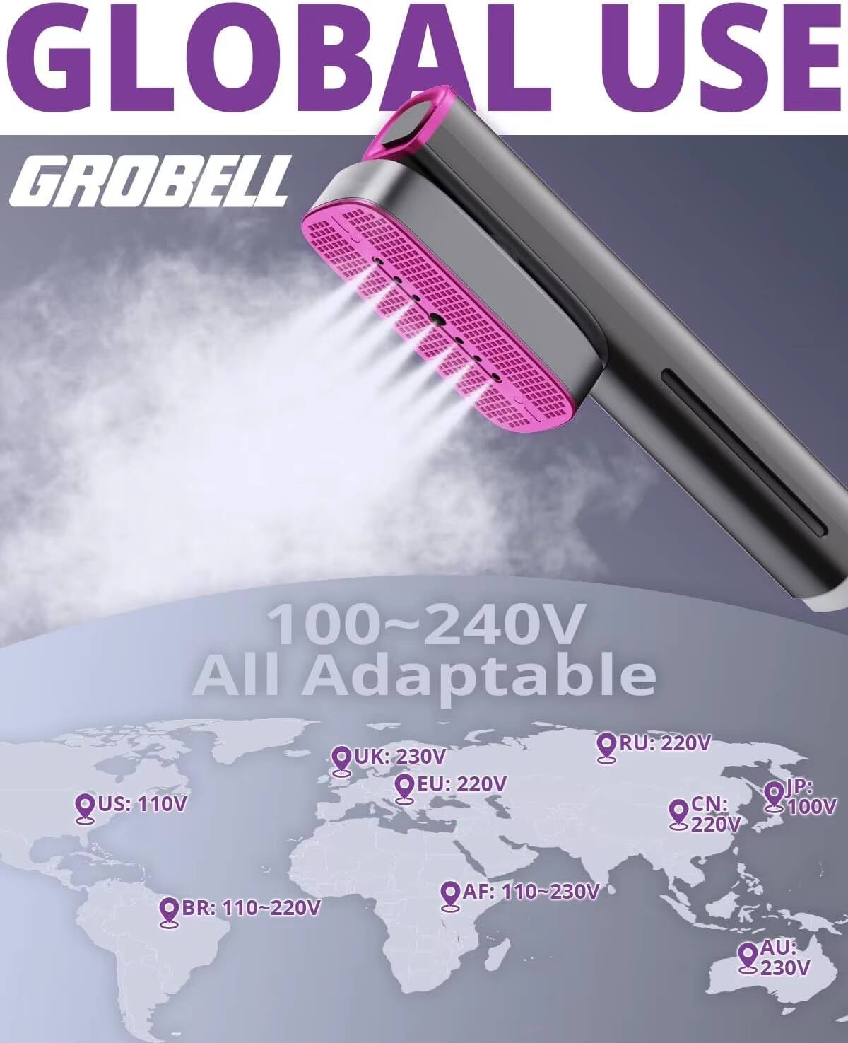 GLOBAL USE GROBELL  
100~240V All Adaptable  

- UK: 230V  
- EU: 220V  
- RU: 220V  
- CN: 220V  
- JP: 100V  
- US: 110V  
- BR: 110~220V  
- AF: 110~230V  
- AU: 230V