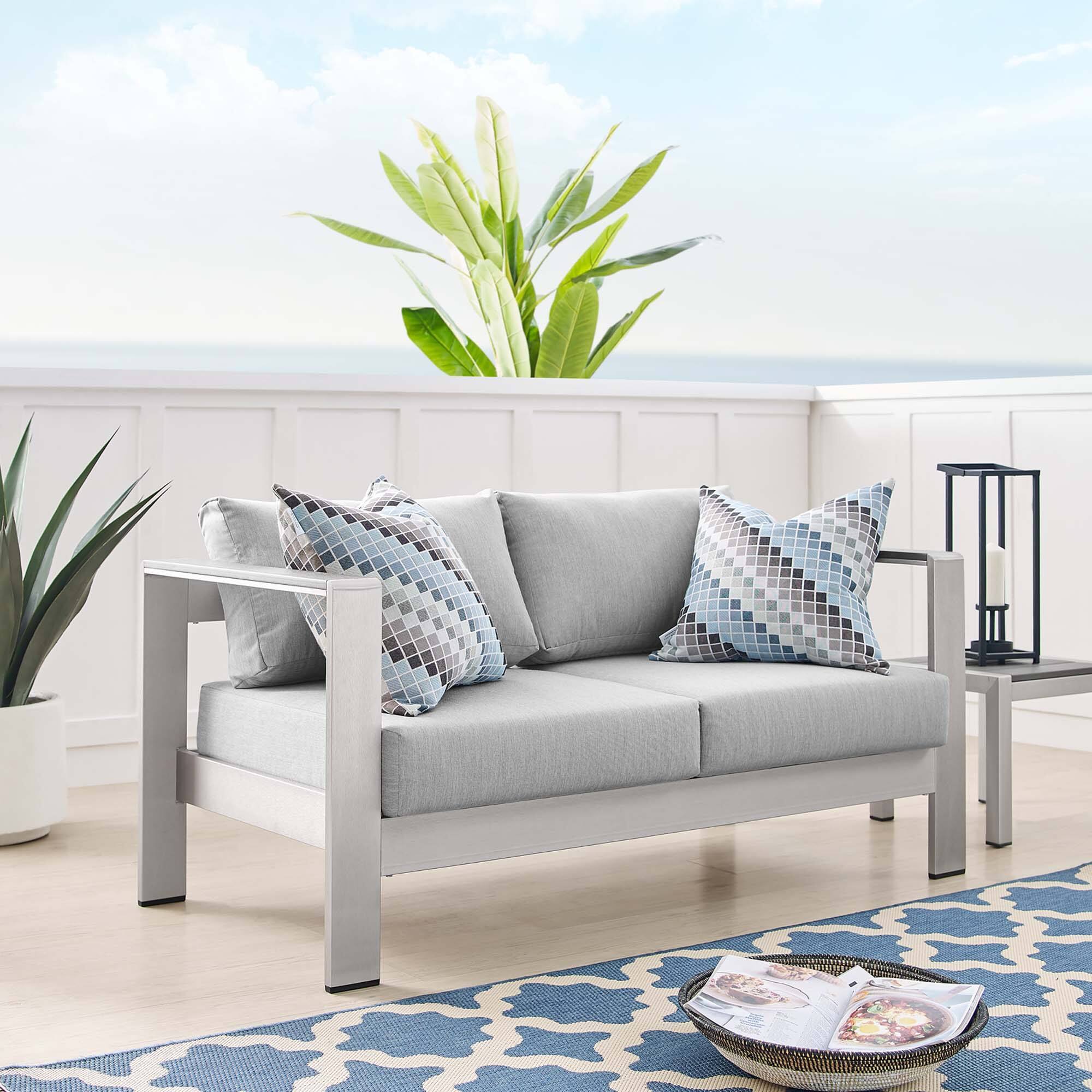 Shore Sunbrella® Fabric Aluminum Outdoor Patio Loveseat by Modway - Silver Gray