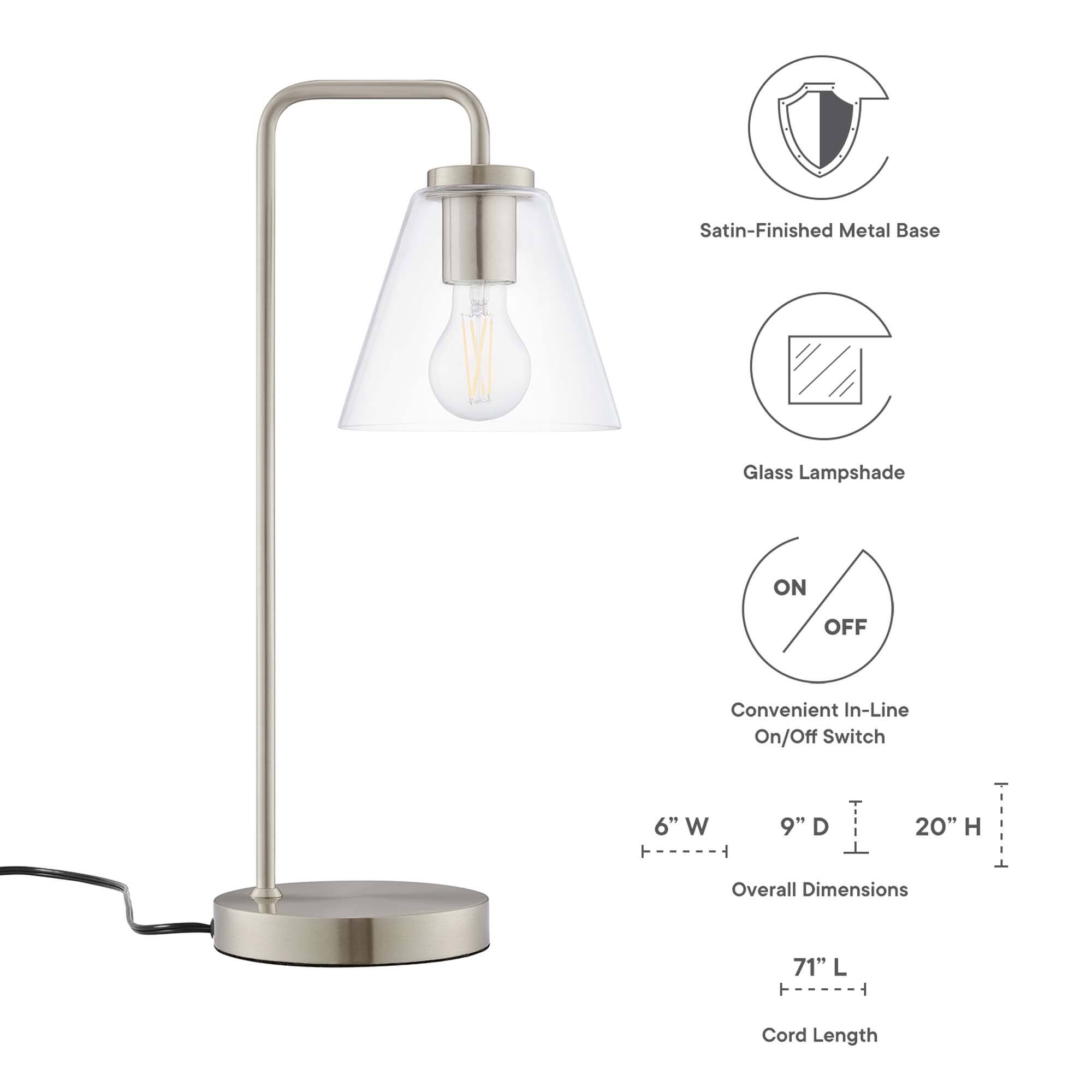 Satin-Finished Satin Metal Base Glass Lampshade  
Convenient In-Line On/Off Switch  

Overall Dimensions:  
- Width: 6"  
- Depth: 9"  
- Height: 20"  

Cord Length: 71"