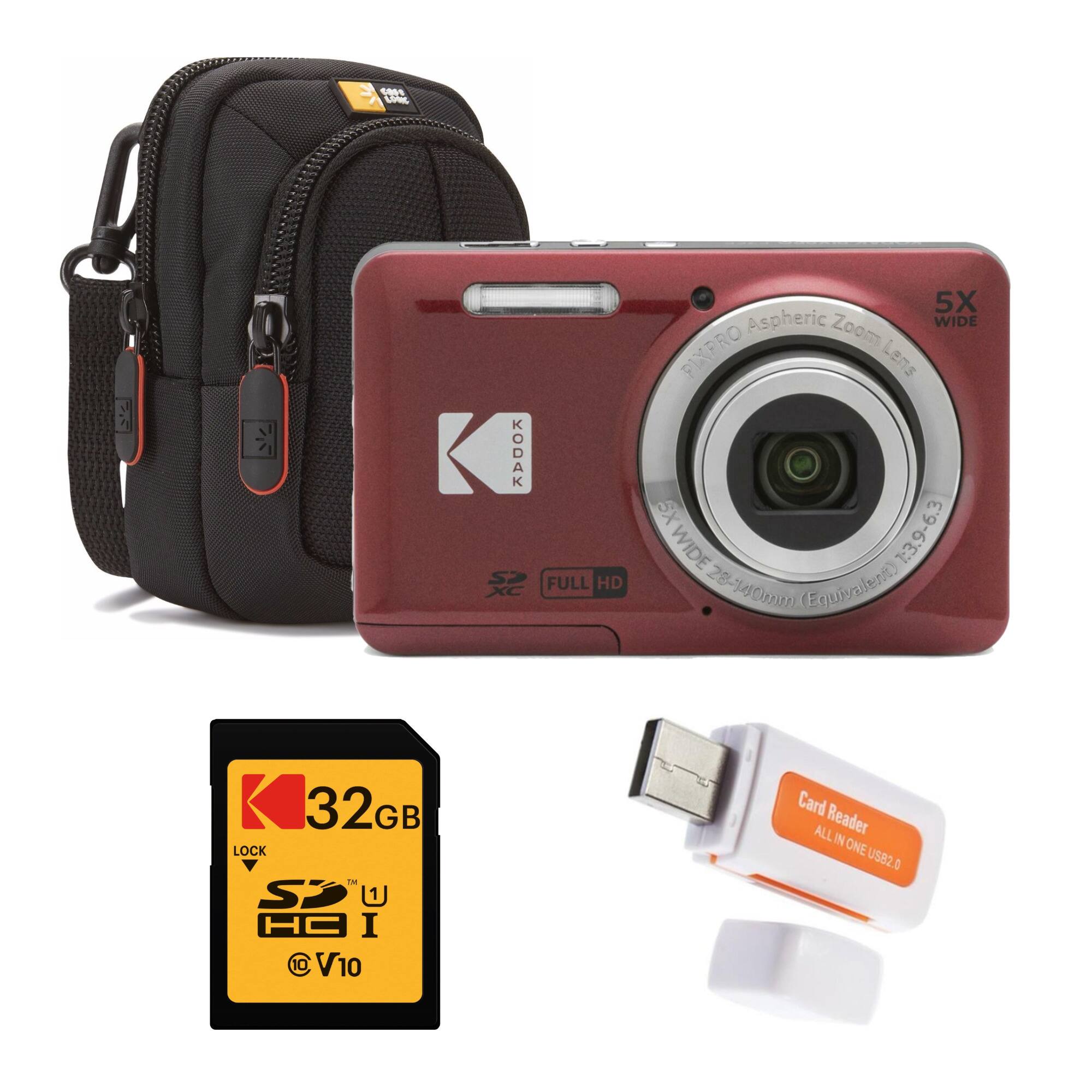The image features a Kodak XC camera with a Full HD 5X Aspheric Zoom WIDE PIXPRO Lens SX WIDE 2:3.9-6.3 28 40 (Equivalent) 32GB GB LOCK t SP HC I 10 V10 Card ALL Reader IN ONE U582 1 A. The camera is placed next to a black bag, which might be used for carrying the camera and its accessories. The camera is a compact and portable device, perfect for capturing high-quality photos and videos on the go.
