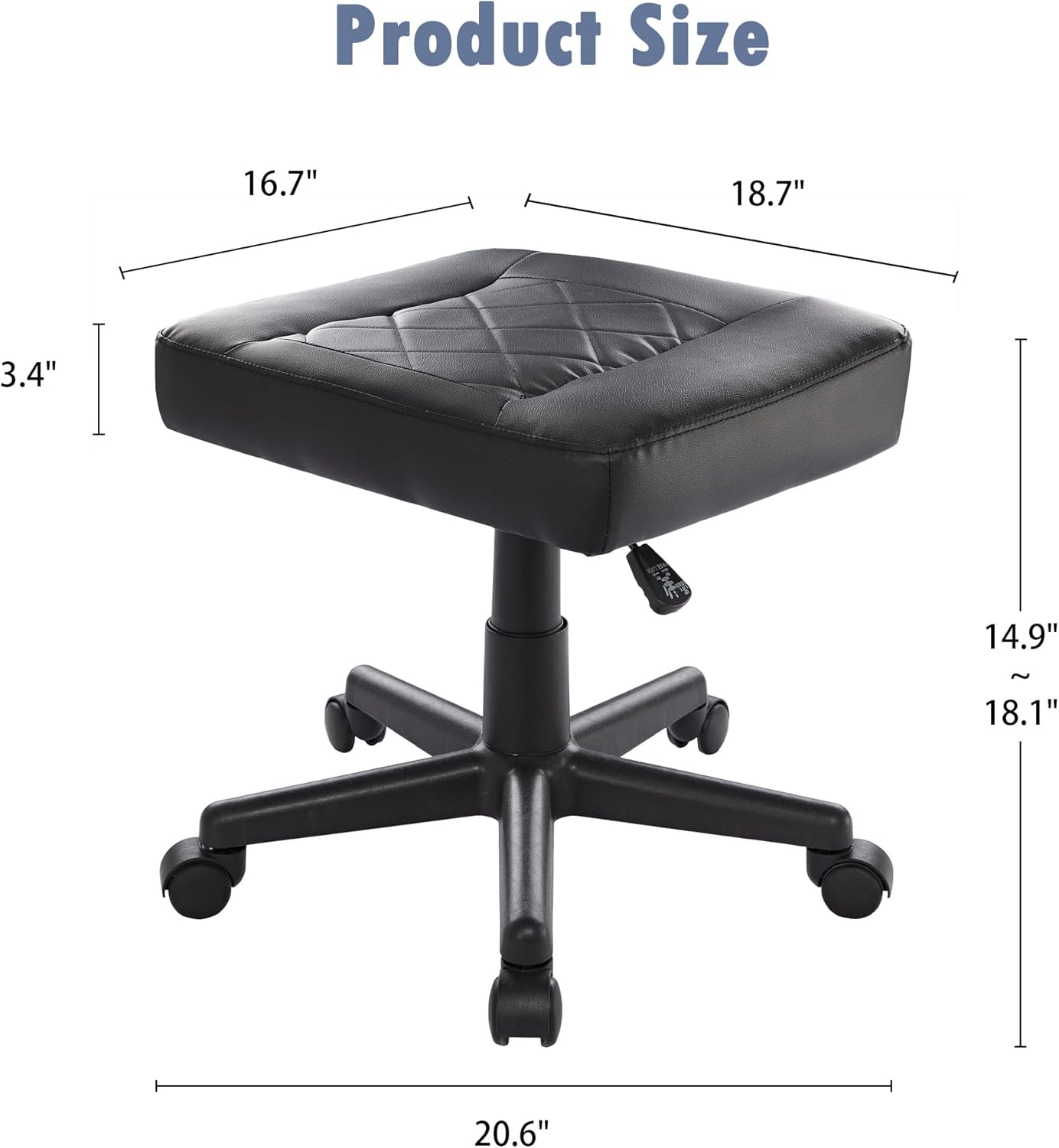 Product Size

- Width: 16.7"
- Depth: 18.7"
- Height: 14.9" ~ 18.1"
- Seat Height: 3.4"
- Base Diameter: 20.6"