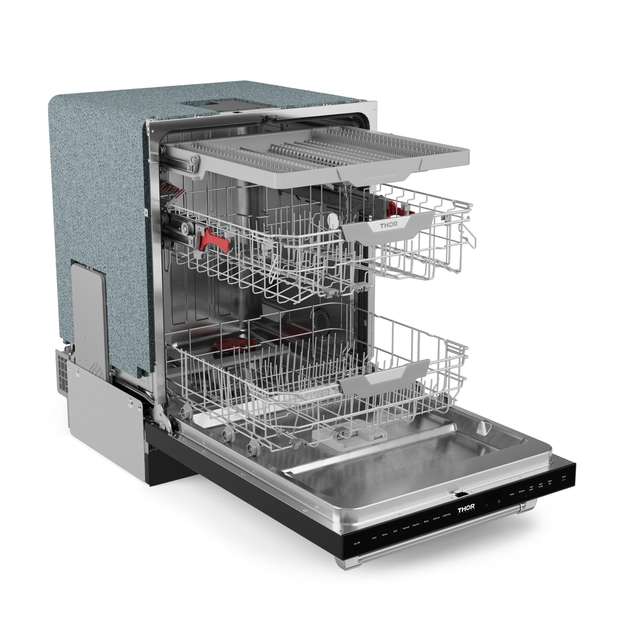 The image shows a dishwasher with its door open, revealing a silver interior with a dish rack. The dishwasher is empty, and the dish rack is open, ready for use. The dishwasher is made of stainless steel, giving it a sleek and modern appearance.