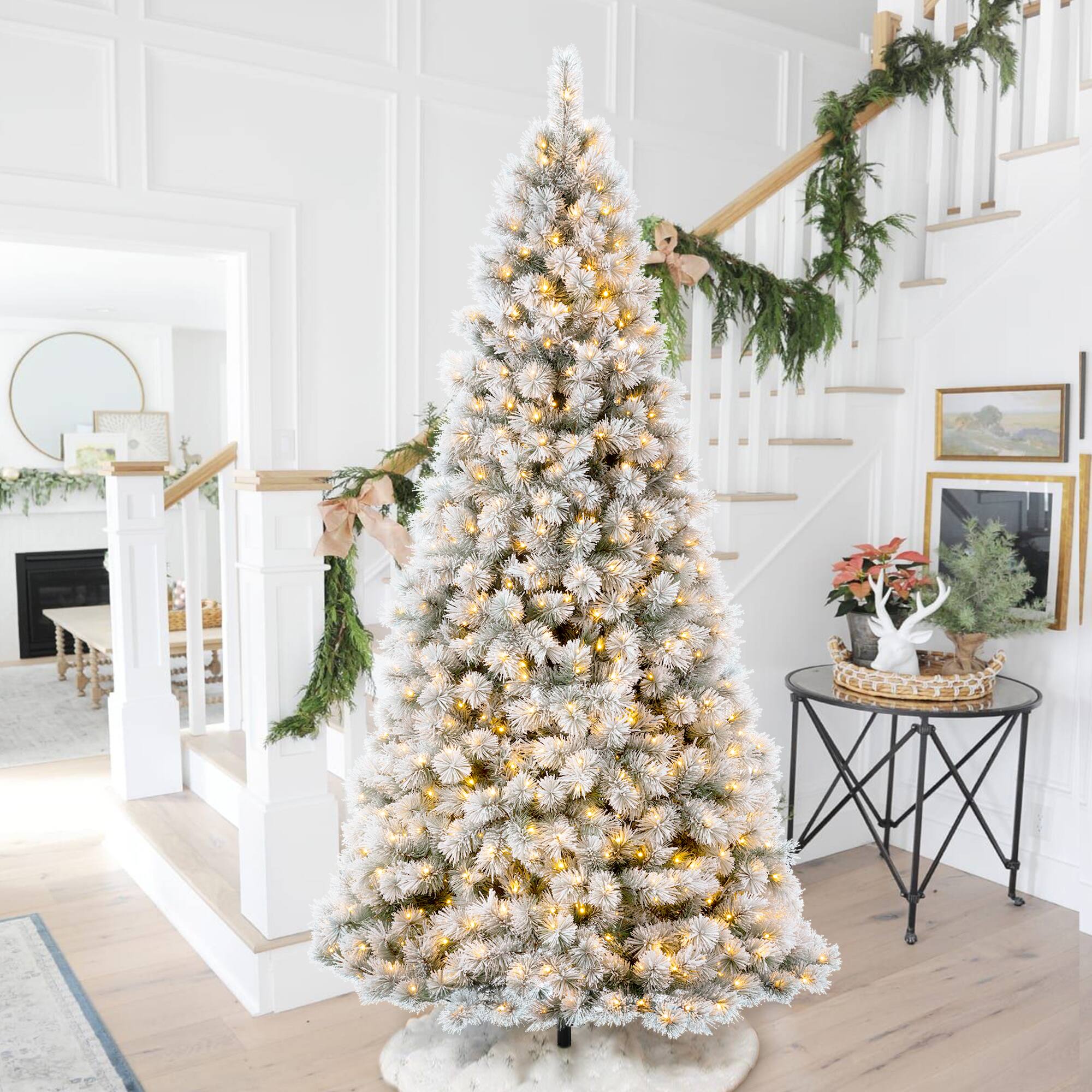 Front. Glitzhome - 9ft Pre-Lit Snow Flocked Full-size Artificial Pine Christmas Tree With 900 Lights - White.